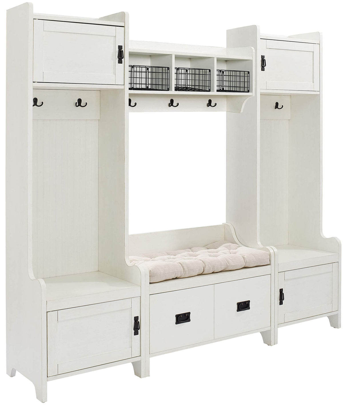 Crosley Furniture Kf60006Wh Fremont Entryway Kit With 2 Towers, Shelf, And Storage Bench, Distressed White