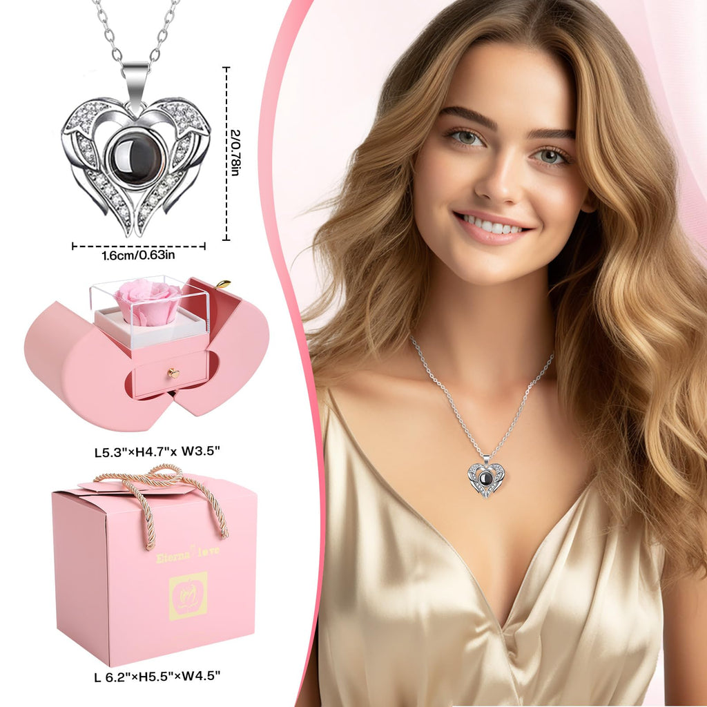 Moshen Preserved Pink Rose with I Love You Necklace - Gifts for Girlfriend, Mom, Wife for Valentine's Day, Birthday, Anniversary