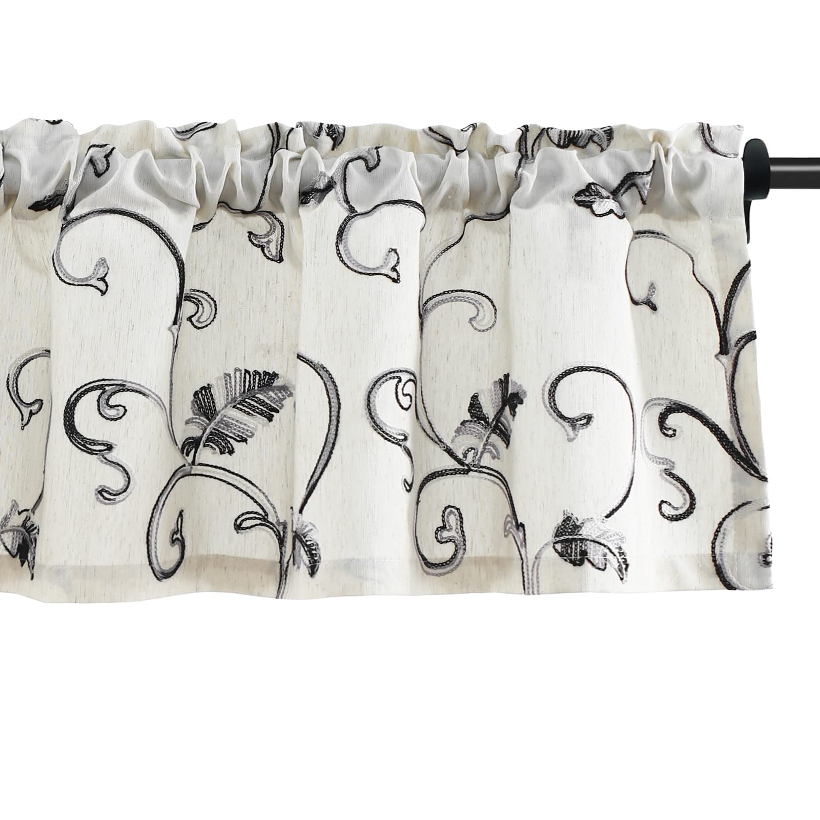 Vogol Country Style Kitchen Valance, Grey Vine Embroidered Short Drapes For Living Room, 1 Piece Light Filtering Curtain Panels