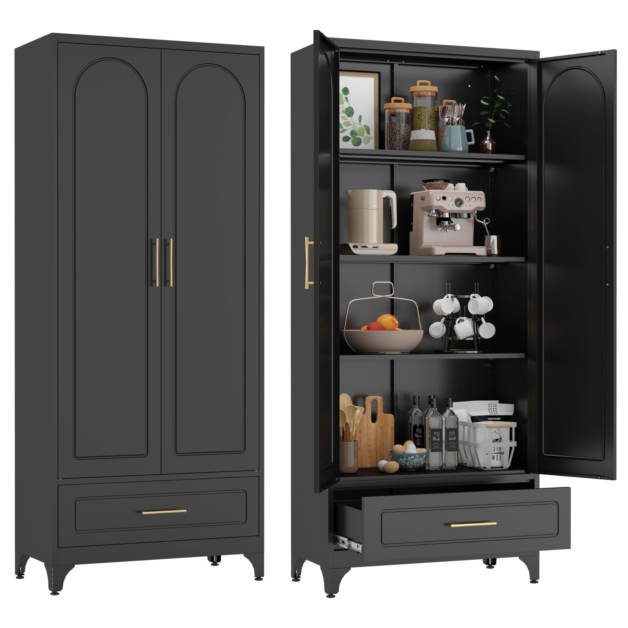 Timeless Pieces 75    Kitchen Pantry Storage Cabinet,Tall Storage Cabinet With Drawers And Adjustable Shelves,Modern Kitchen Hut