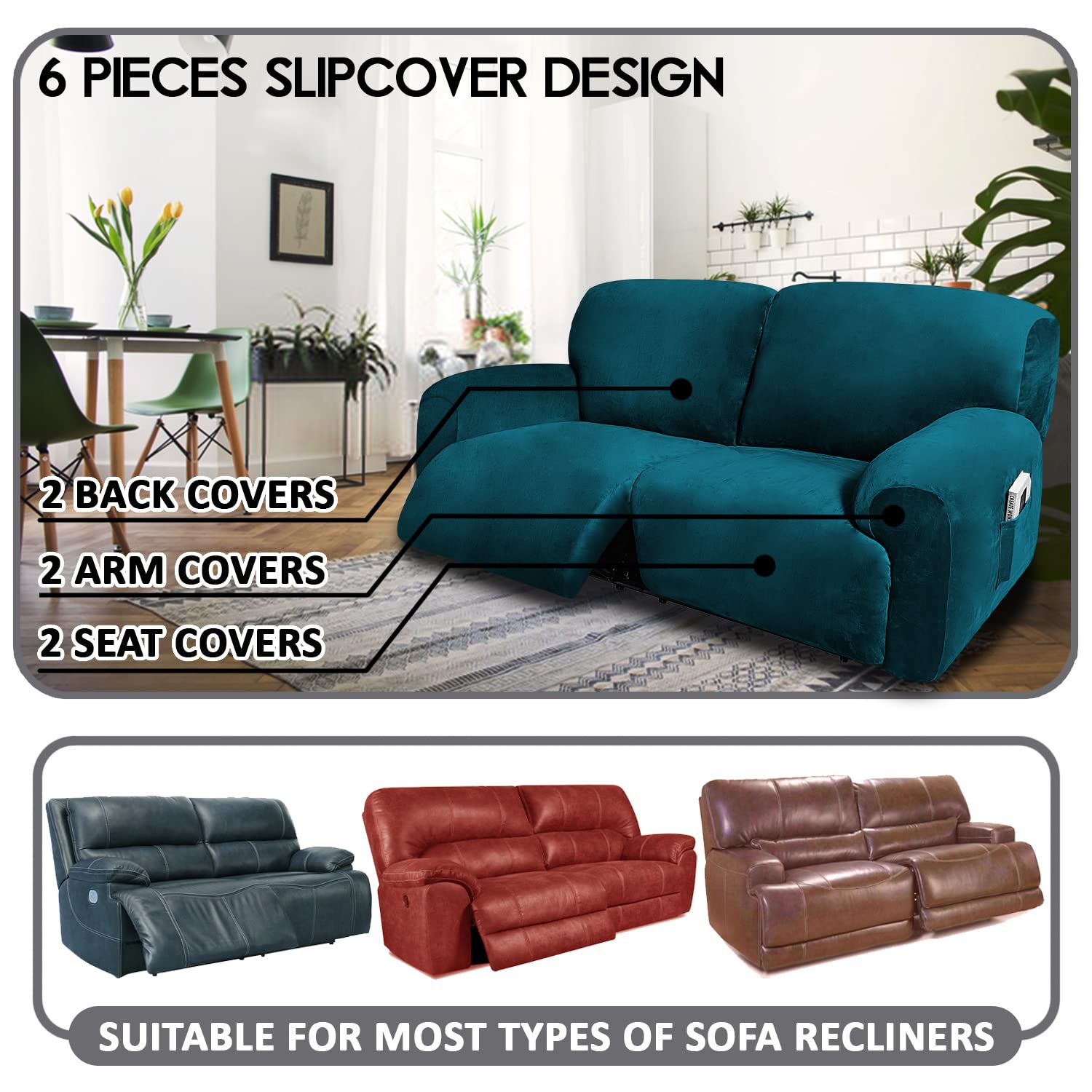 Ulticor Extra Wide 75'' - 100'', Reclining 2 Seater Sofa, Extra Wide Reclining Love Seat Slipcover, 6-Piece Velvet Stretch, Recl