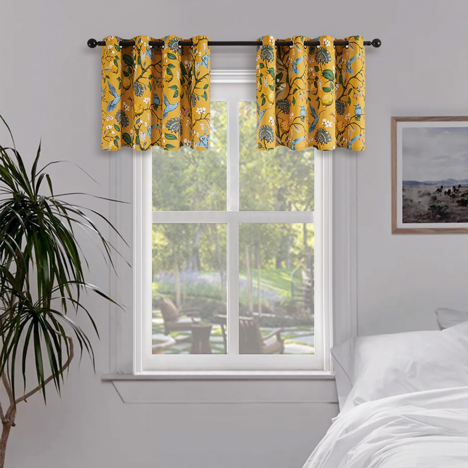 Topfinel Bright Yellow Kitchen Valances 24 Inches Long Vintage Botanical Garden Hummingbird Thermal Insulated Faux Silk Grommet 