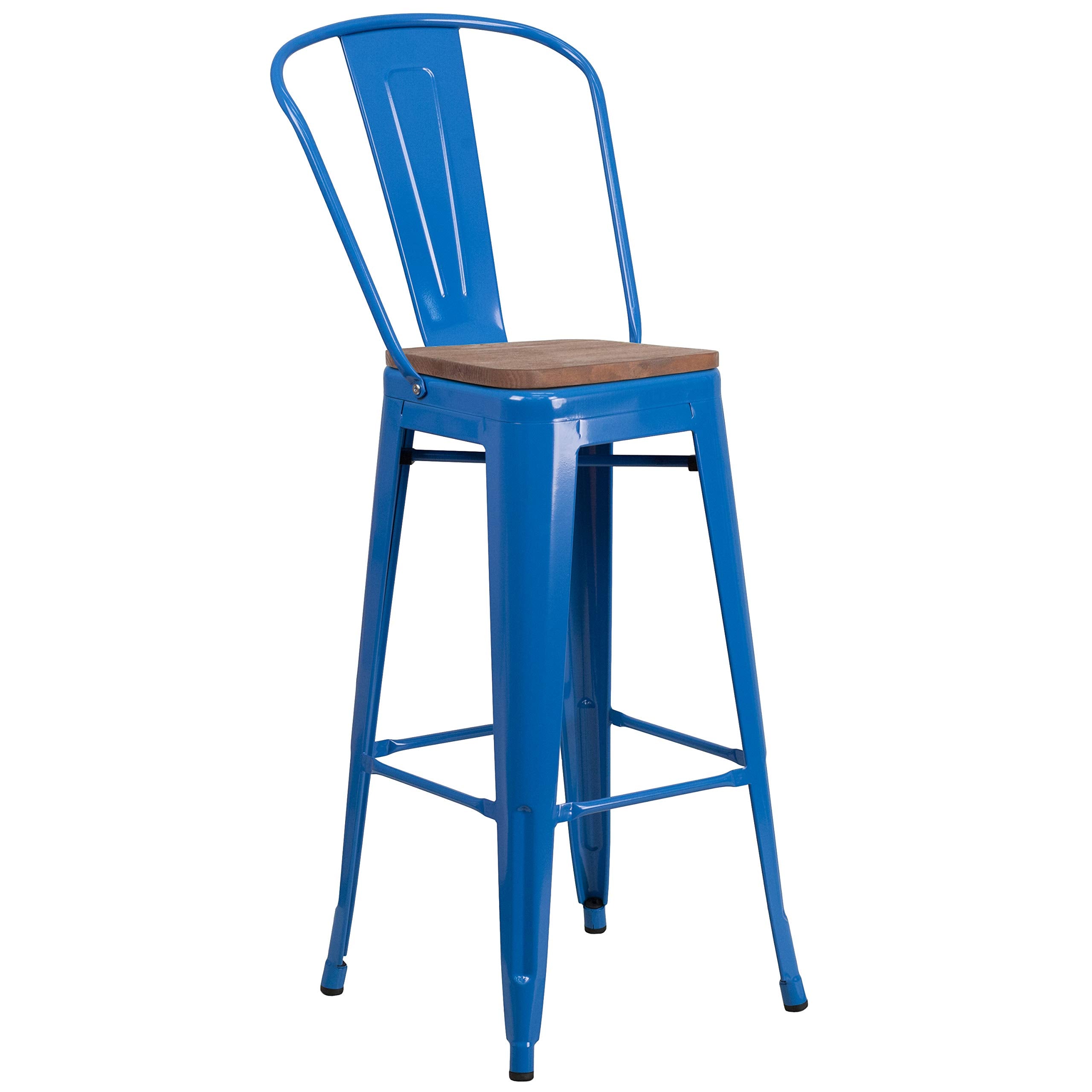 Flash Furniture Lily 30&quot; High Blue Metal Barstool with Back and Wood Seat (Pack of 1)