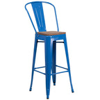 Flash Furniture Lily 30" High Blue Metal Barstool with Back and Wood Seat (Pack of 1)