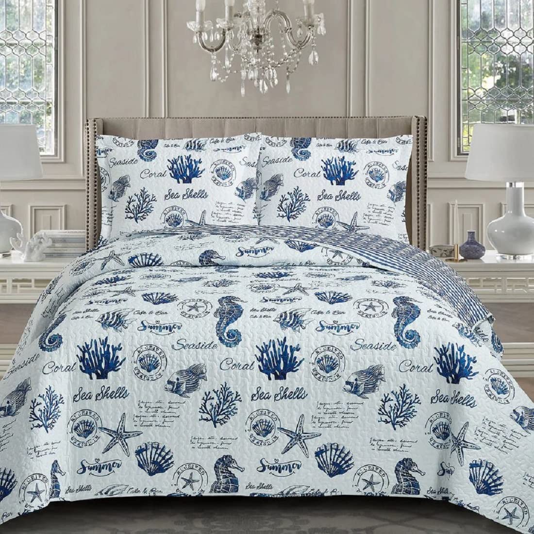 Royal Tradition Seaside Sea Shells Reversible Coverlets, Queen Over-Sized 3Pc Quilt Set (92-Inch Wide X 96-Inch Long) Lightweigh