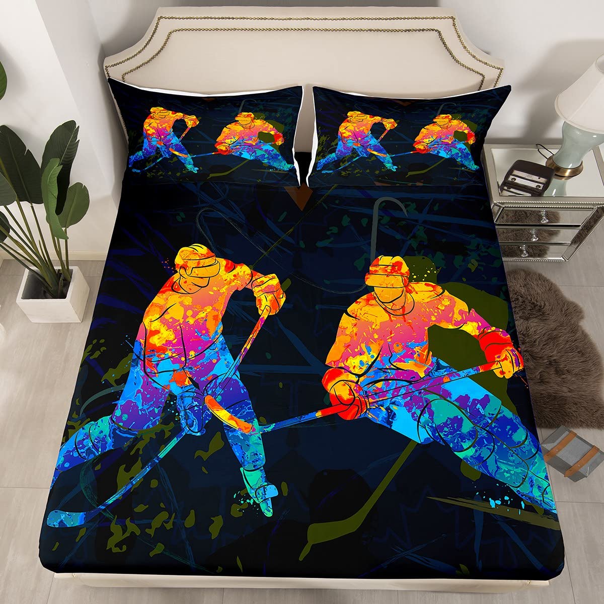 Feelyou Ice Hockey Game Sheets Set Competieive Puck Bedding Set For Kids Bed Sheet Set Red Light Players Sheets With Deep Pocket