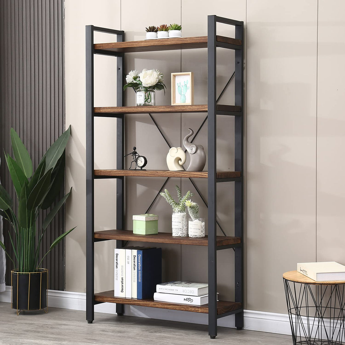 WHAOERPUMY 5 Tier Bookcase, Solid Wood Bookshelf Rustic Vintage Industrial Etagere Bookcase, Metal and Wood Free Vintage Booksh