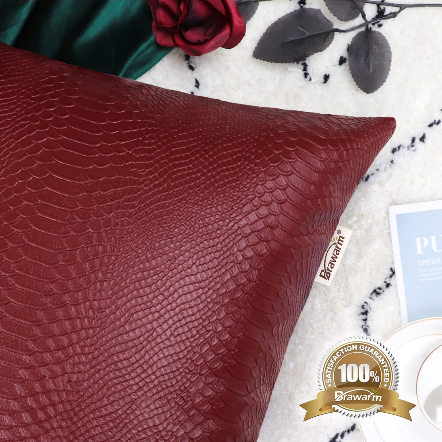 Brawarm Deep Red Leather Throw Pillows 12 X 20 Inches, Snake Leather Pillow Covers Pack Of 2, Faux Leather Decorative Lumbar Pil