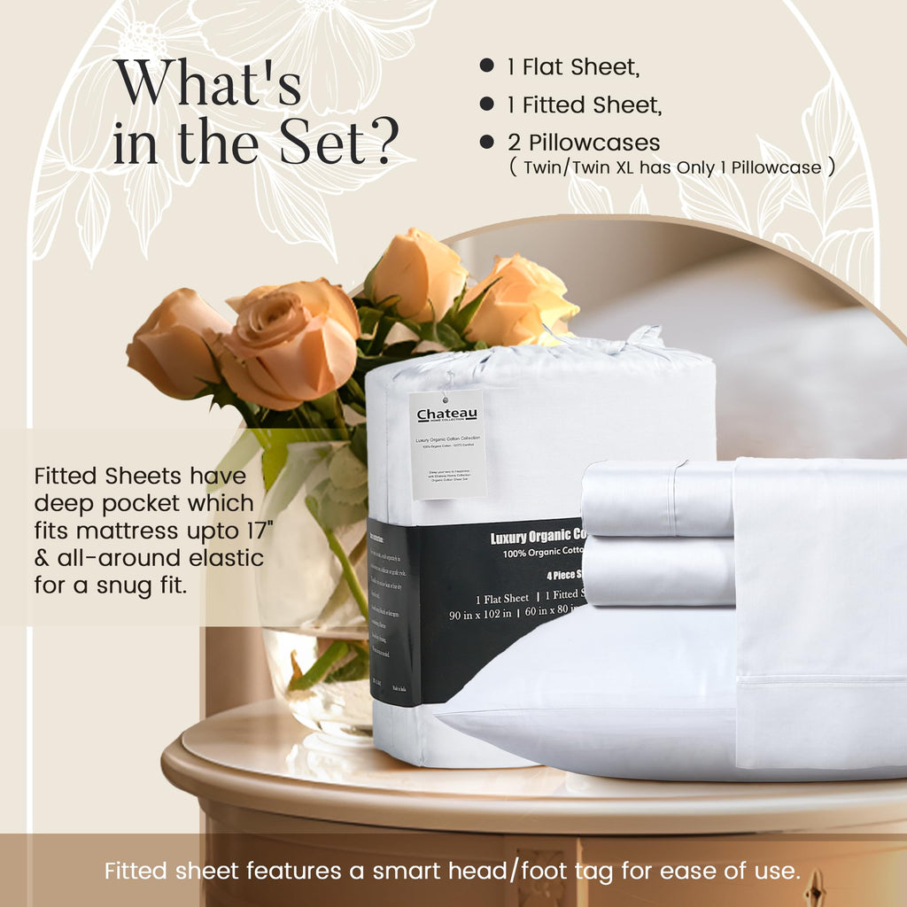 Chateau Home Collection 100% Organic Cotton Sheets King Size,4Pc King Size Sheets,Luxurious Long Staple Cotton Sheets,Sateen Weave,Breathable Sheets King Size Bed,Deep Pocket King Sheets,White
