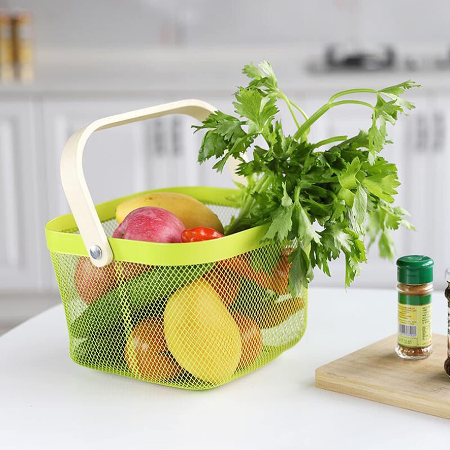 Overa Fruit Basket Bin With Wood Handle, Metal Wire Hanging Storage Organizer Basket MultiFunctional Kitchen Vegetable Basket F