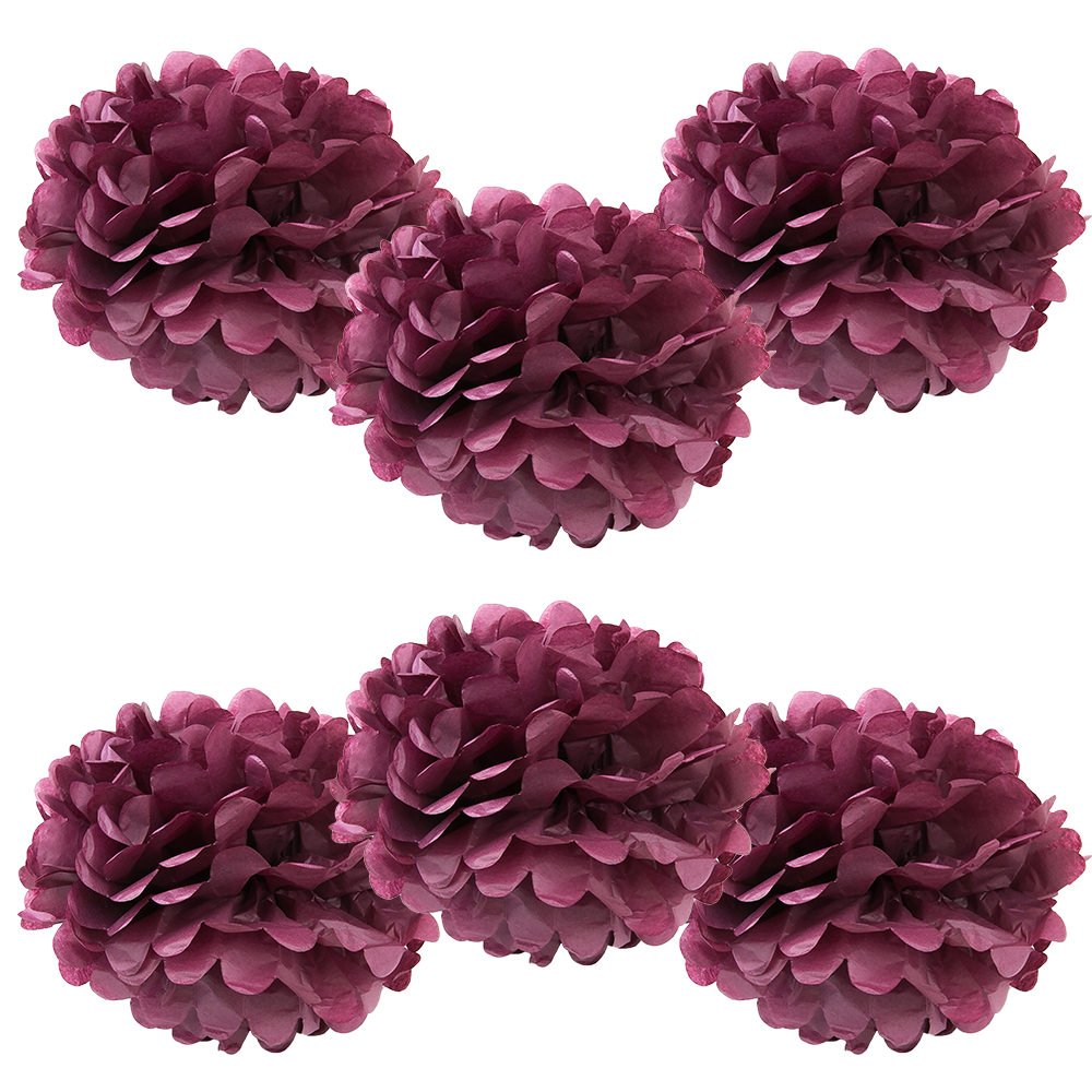 WYZworks Set of 6 - Maroon 14 - (6 Pack) Tissue Pom Poms Flower Party Decorations for Weddings, Birthday, Bridal, Baby Showers, 