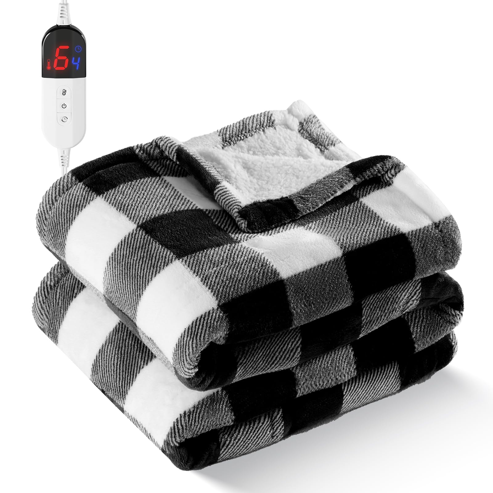 Electric Heated Sherpa Buffalo Plaid Christmas Throw Blanket With 6 Heating Levels & 4 Hours Auto Off, Fast Heating Warm Plush W