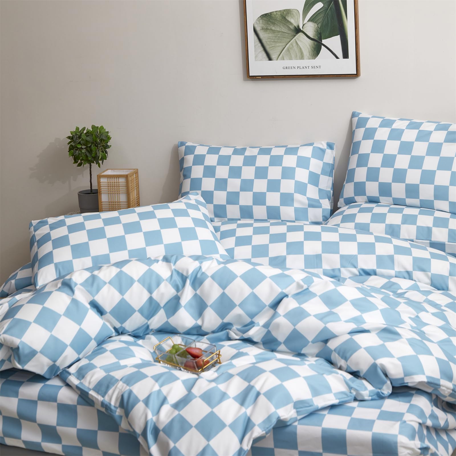Clothknow Blue Plaid Full Comforter Set 3Pcs Blue White Bedding Comforter Sets Checker Comforter Full Soft Blue White Grid Full Size Comforter Sets