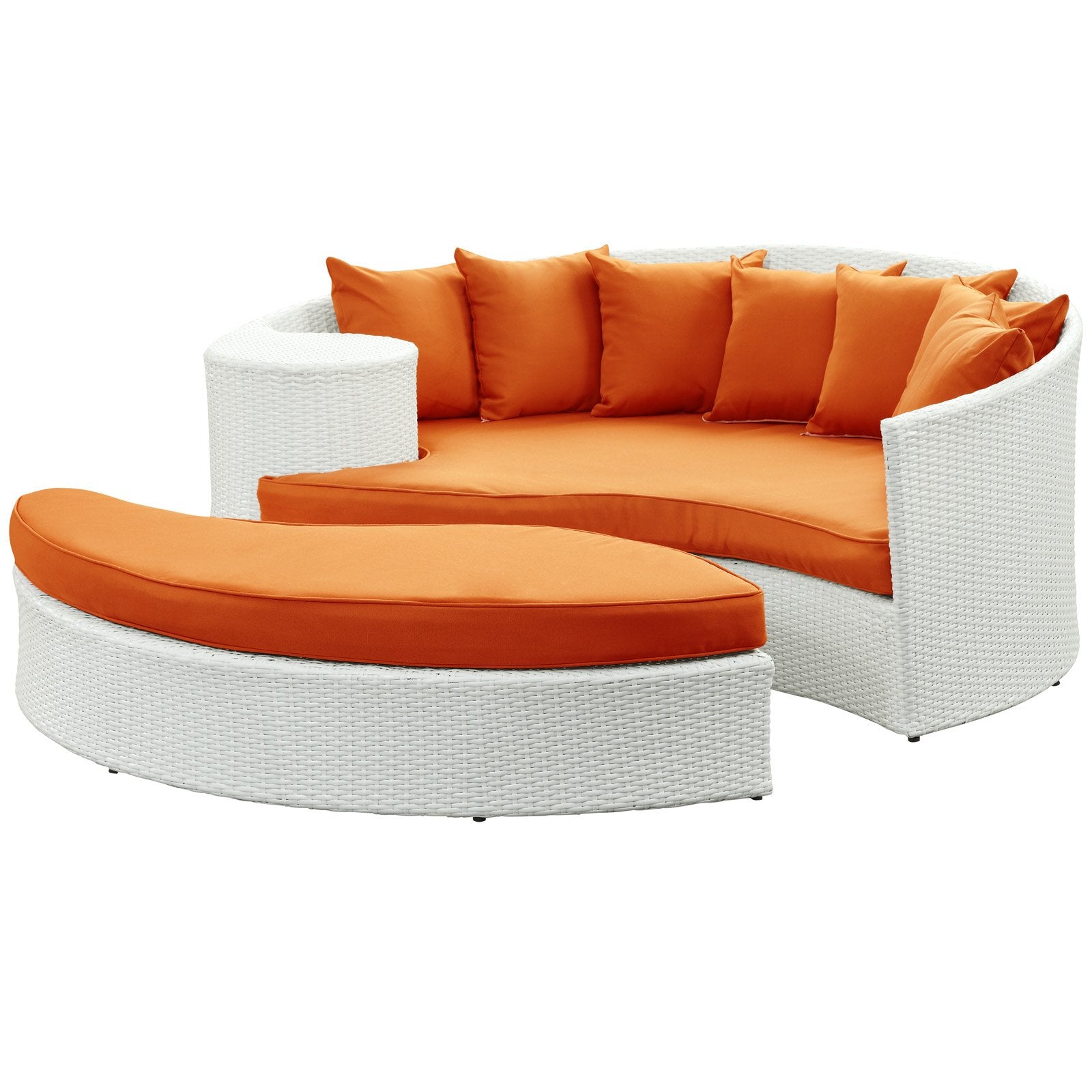 Lexmod Taiji Outdoor Wicker Patio Daybed With Ottoman In White With Orange Cushions