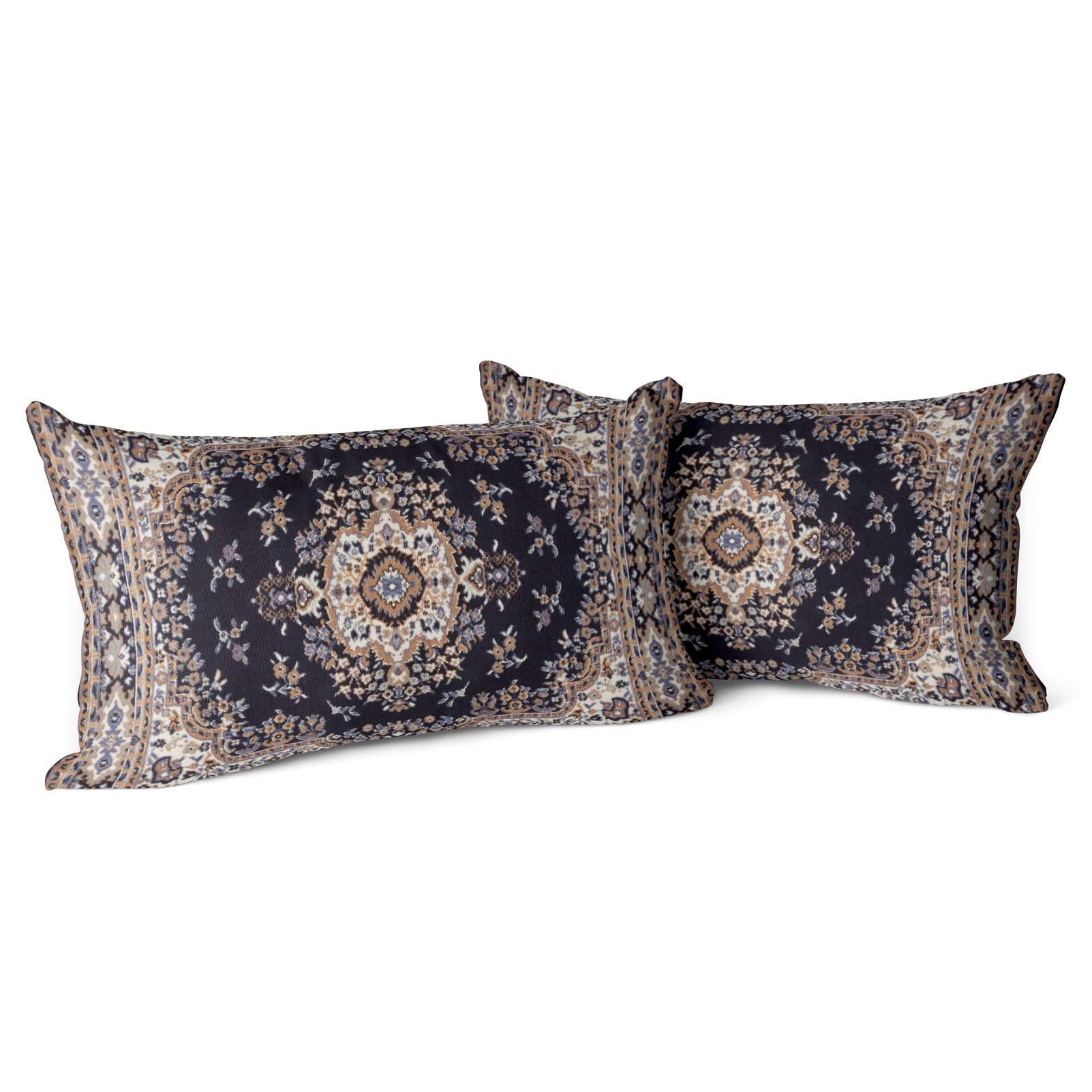Snycler Boho Throw Pillow Covers 12X20 Inch Set Of 2 Black Medallion Border Area Rug Double Sided Pattern Cotton Soft Pillow Cas