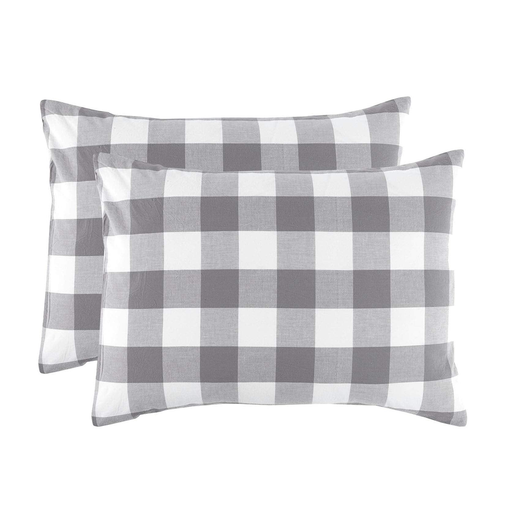 Wake In Cloud - Pack Of 2 Pillow Cases, 100% Washed Cotton, Grey Gray White Buffalo Checker Gingham Geometric Plaid Printed Comf