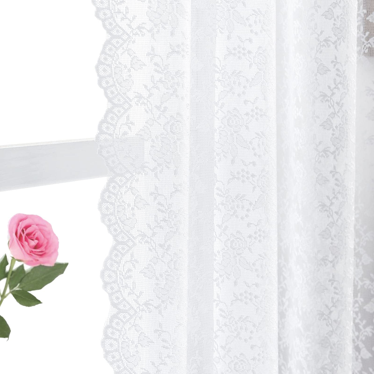 Finecity Lace Curtains 84 Inches Long - Floral White Sheer Lace Curtains For Living Room Set Of 2 Panels, Lightweight Shabby Chi