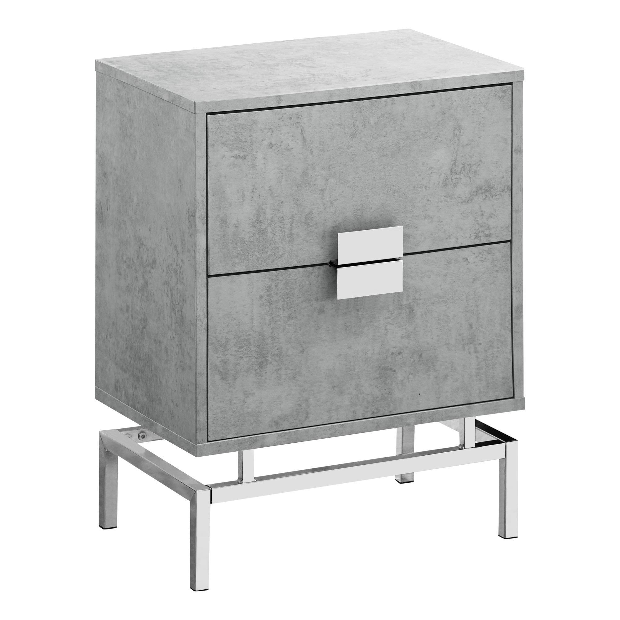 Monarch Specialties Accent, End, Night Stand, Side Table, 2 Drawers, 24&quot; H, Grey Cement/Chrome