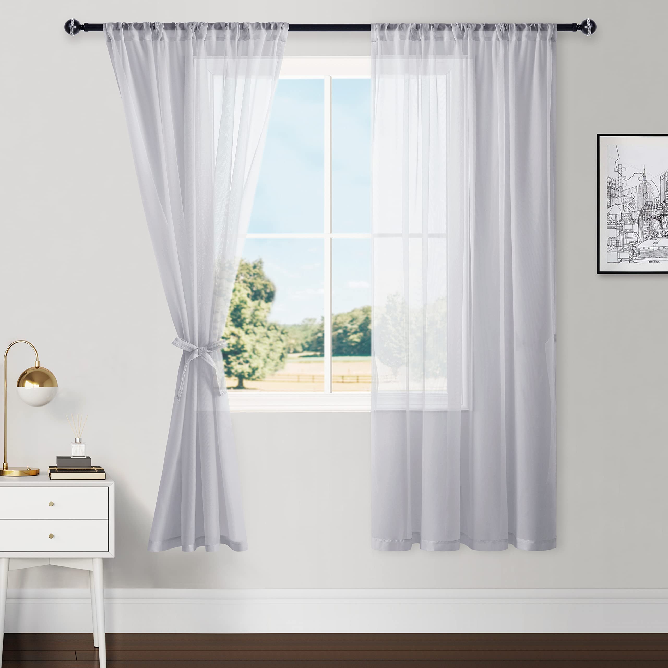 Hiasan Grey Sheer Curtains With Tiebacks, Light Filtering Airy Voile Textured Drapes Lightweight Rod Pocket Window Curtains For