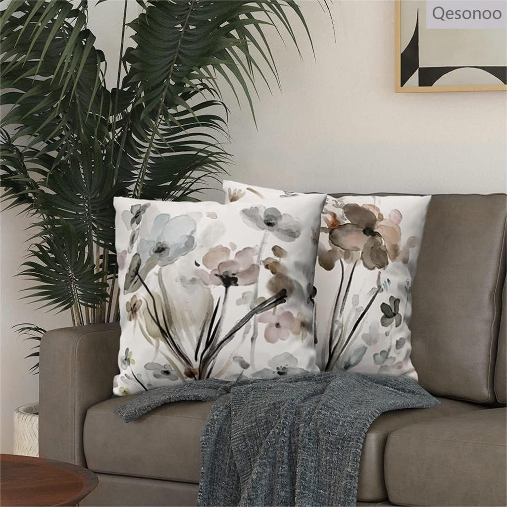 Qesonoo Flower Throw Pillow Covers 16X16 Set Of 2, Flowers Pillow Cushion Cases,Decorative Square Pillowcases For Sofa Couch Bed