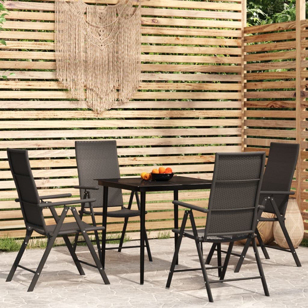 vidaXL 5-Piece Patio Dining Set - Outdoor Furniture with Powder-Coated Steel Table, Glass Tabletop, PE Rattan Chairs, Adjustable Backrests, Folding Design– Black