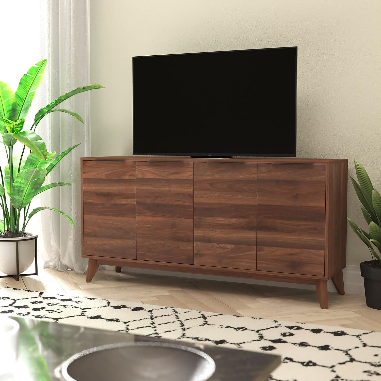Flash Furniture Hatfield Engineered Wood TV Stand for up to 64&quot; TVs, Media Console/TV Cabinet with Adjustable Shelf and Soft Close Doors, Dark Walnut
