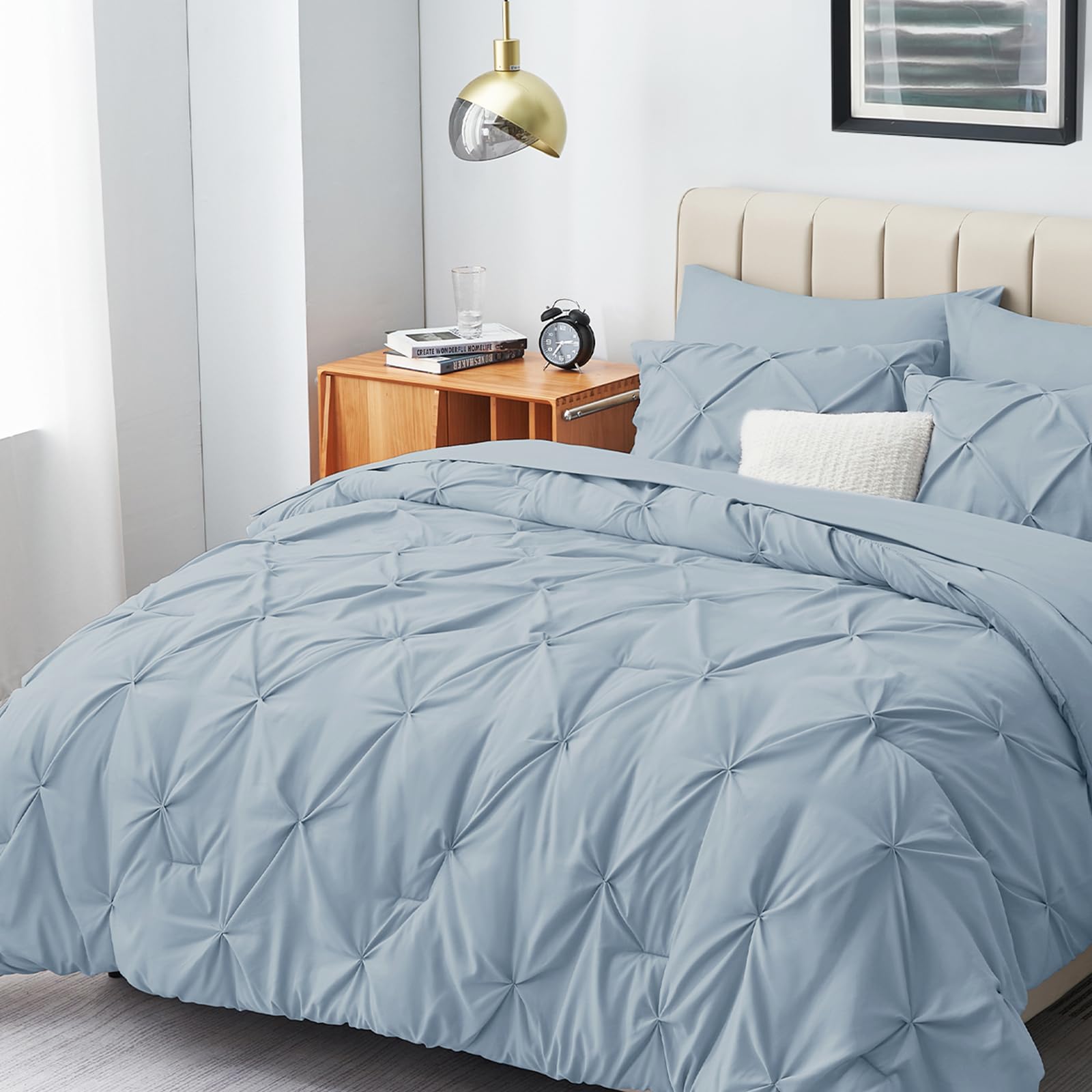 HIMEET Light Blue Comforter(82''x86'') 7 Pieces Full Size Comforter Sets Pintuck Bluey Bedding Set Bed in a Bag Full Pinch Pleat