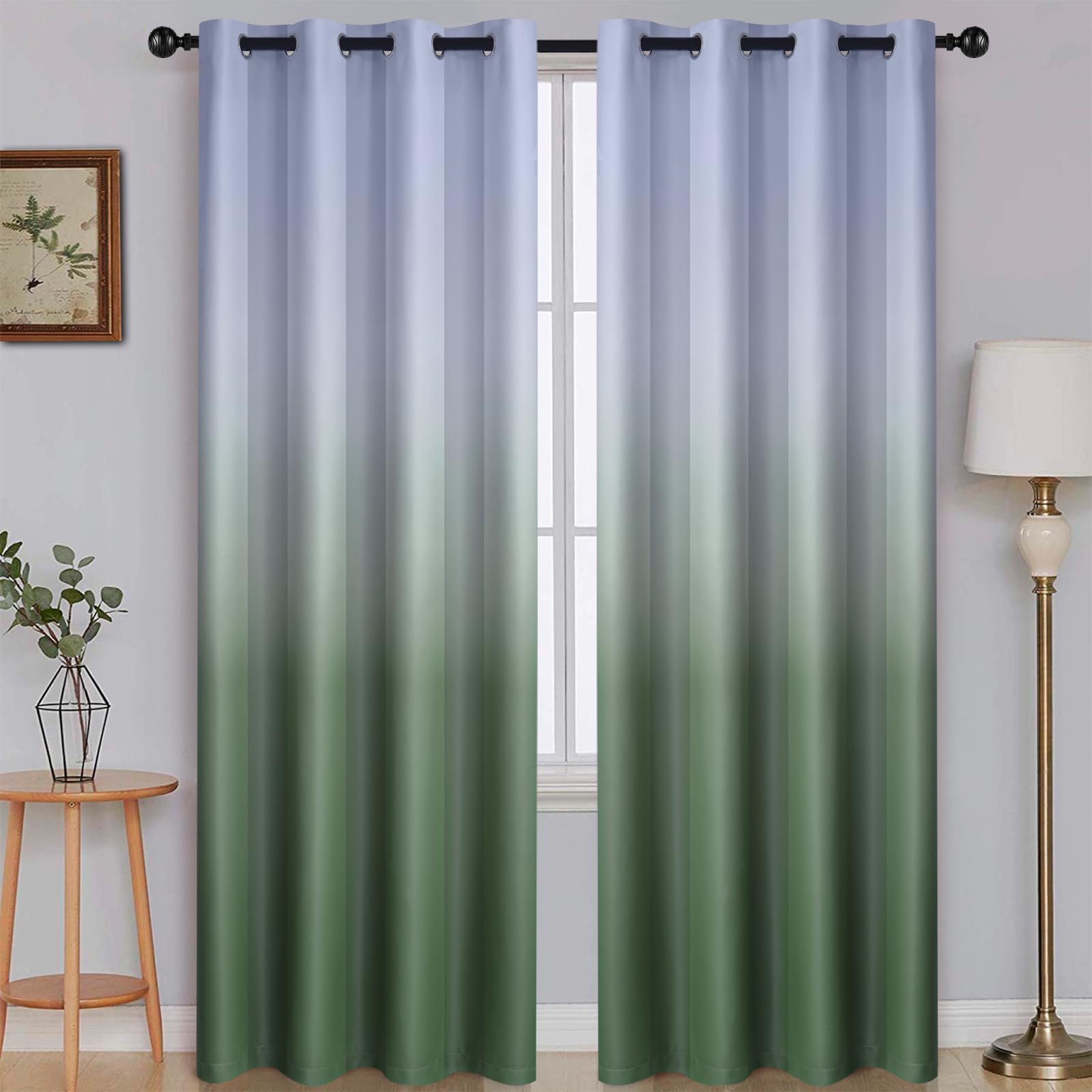 Simplehome Ombre Room Darkening Curtains For Bedroom, Light Blocking Gradient Grey White To Sage Green Thermal Insulated Grommet