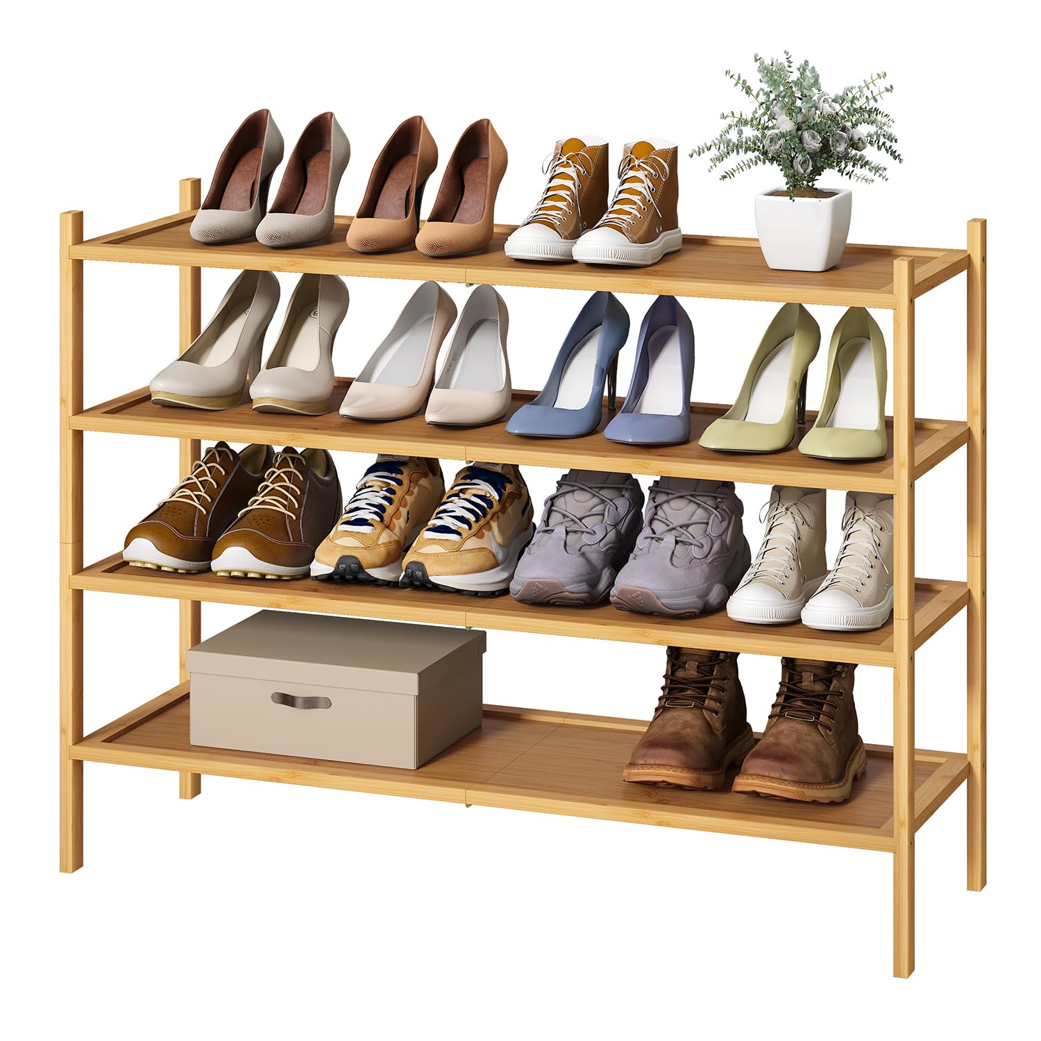 Kiplant Long Shoe Rack, 4-Tier Bamboo Wood Shoe Rack, Stackable For Closet, Entryway & Hallway