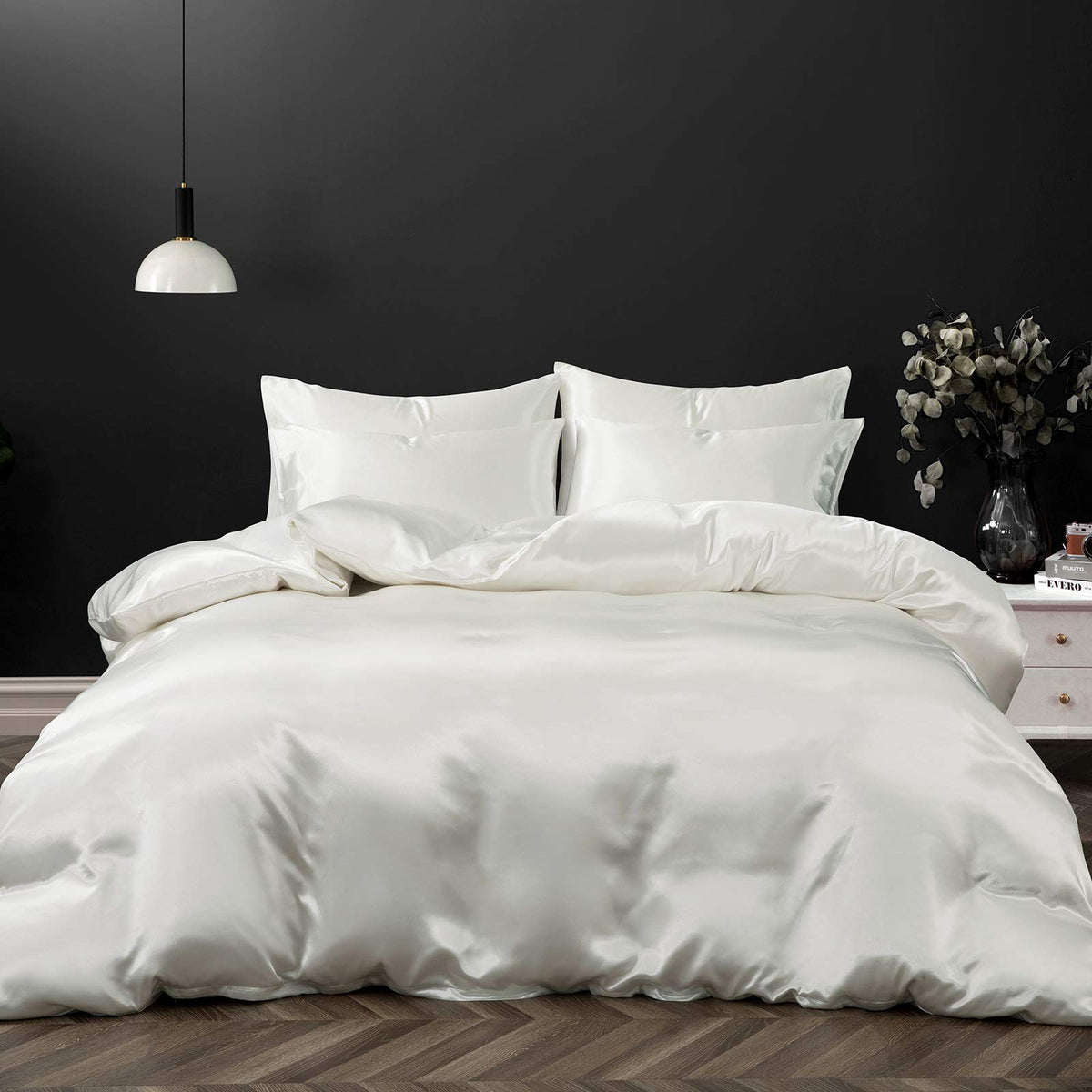 P Pothuiny 3 Pieces Satin Duvet Cover Twin/Twin Xl Size, Luxury Silky Like Ivory White Duvet Cover Bedding Set With Zipper Closu