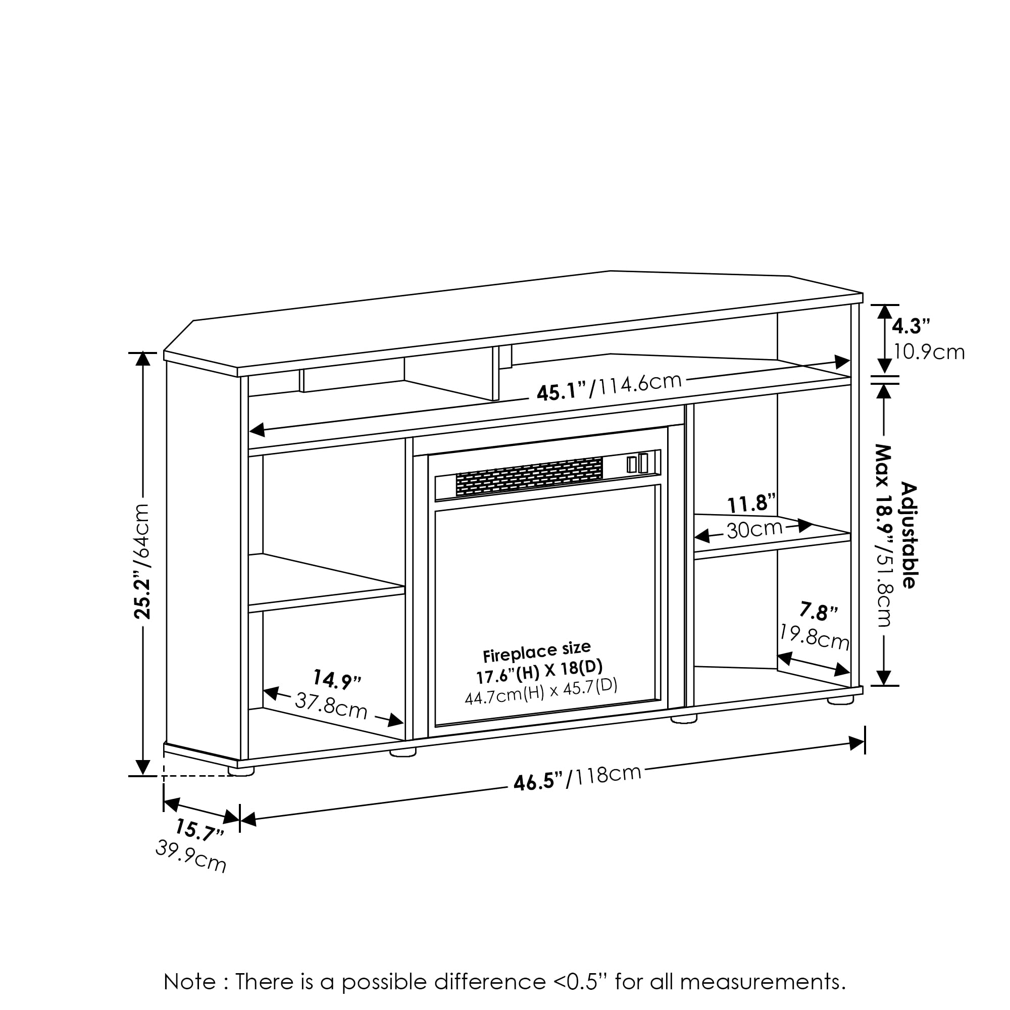 Furinno Jensen Corner Tv Stand With Fireplace For Tv Up To 55 Inches, French Oak Grey