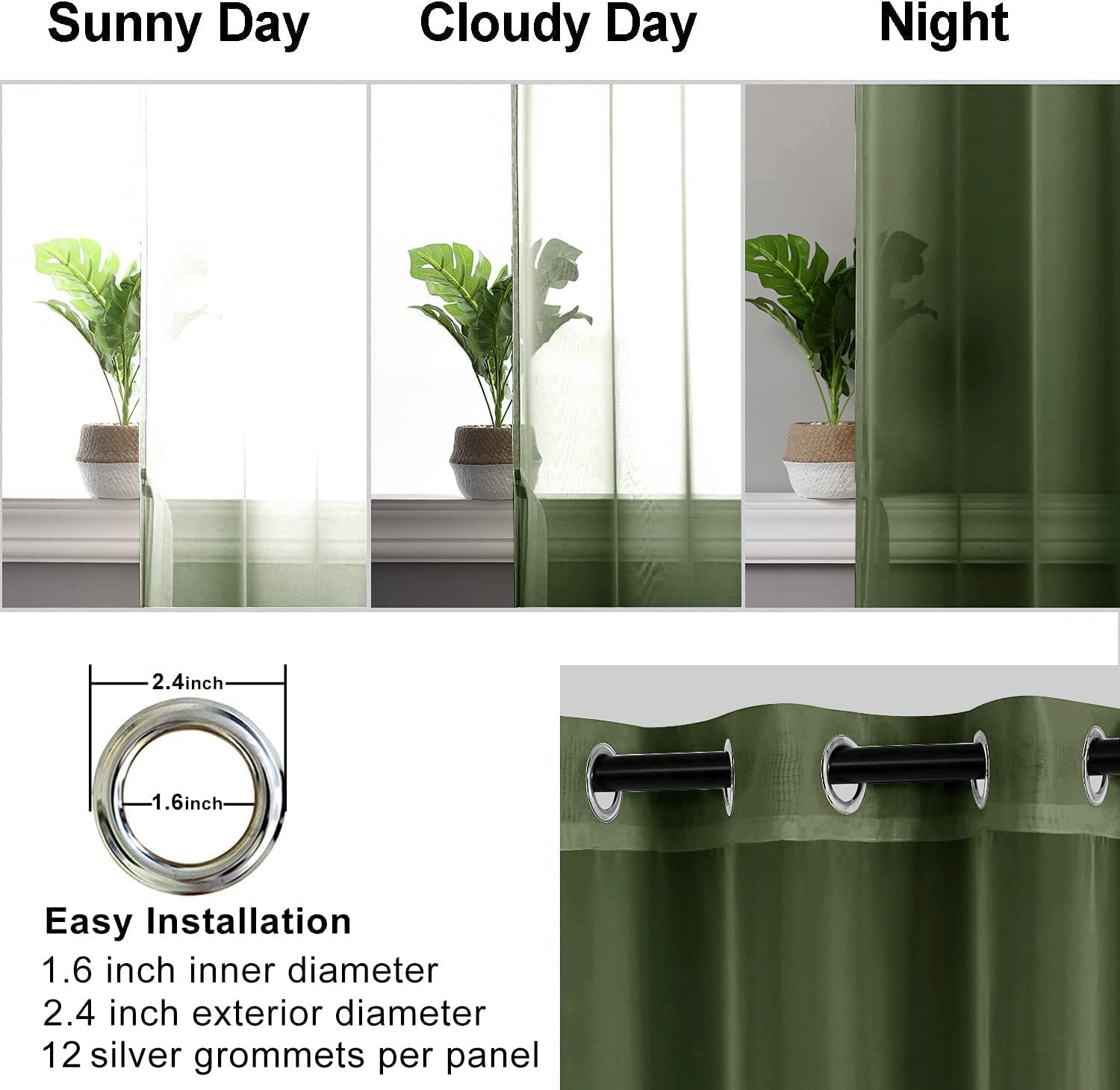 Hiasan Sheer Curtains For Bedroom With Tiebacks, Grommet Light Filtering Extra Wide Voile Texture Window Curtains For Living Room, Kids' Room And Nursery, Olive Green, W70 X L84, 2 Soft Drape Panels