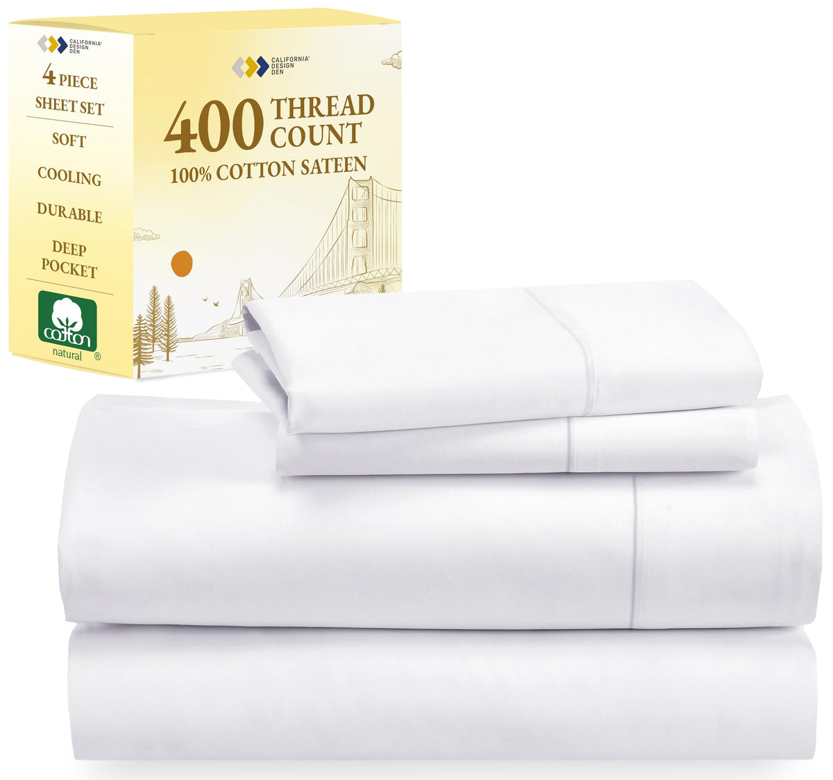 California Design Den Full Size Bed Sheets, Good Housekeeping Award Winner 400 Thread Count 100% Cotton Sheets Sateen, Deep Pock