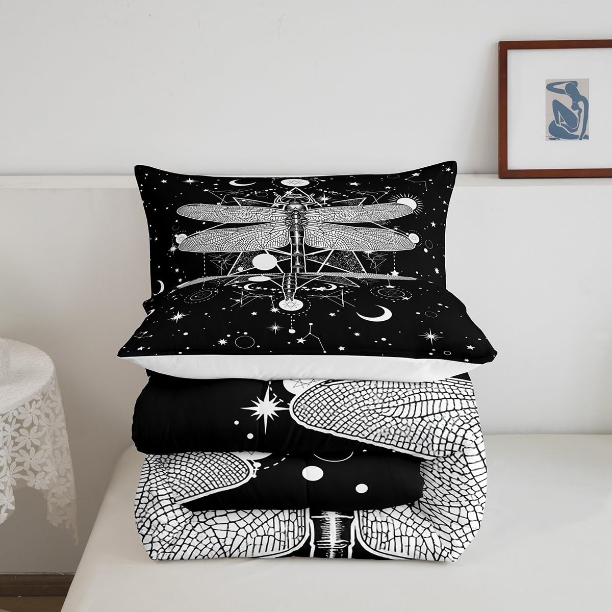 Gothic Moth Kids Comforter Set Twin Size,Galaxy Sun And Moon Constellation Bohemian Style Skull Skeleton Bedding Set For Childre