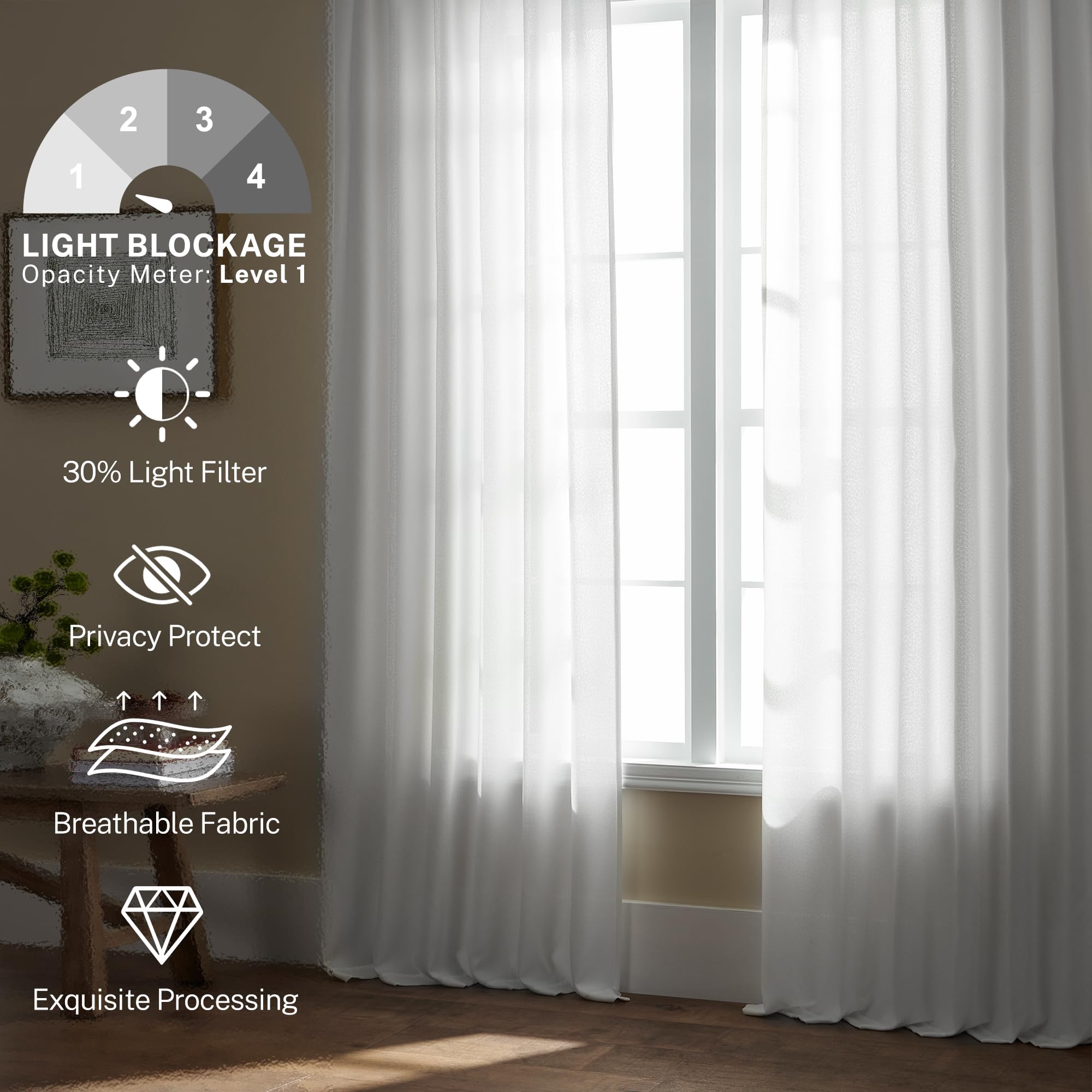 Meetbily Semi Sheer White Linen Curtains 96 Inches Long For Living Room 2 Panels Set Back Tab Light Filtering Modern Farmhouse B