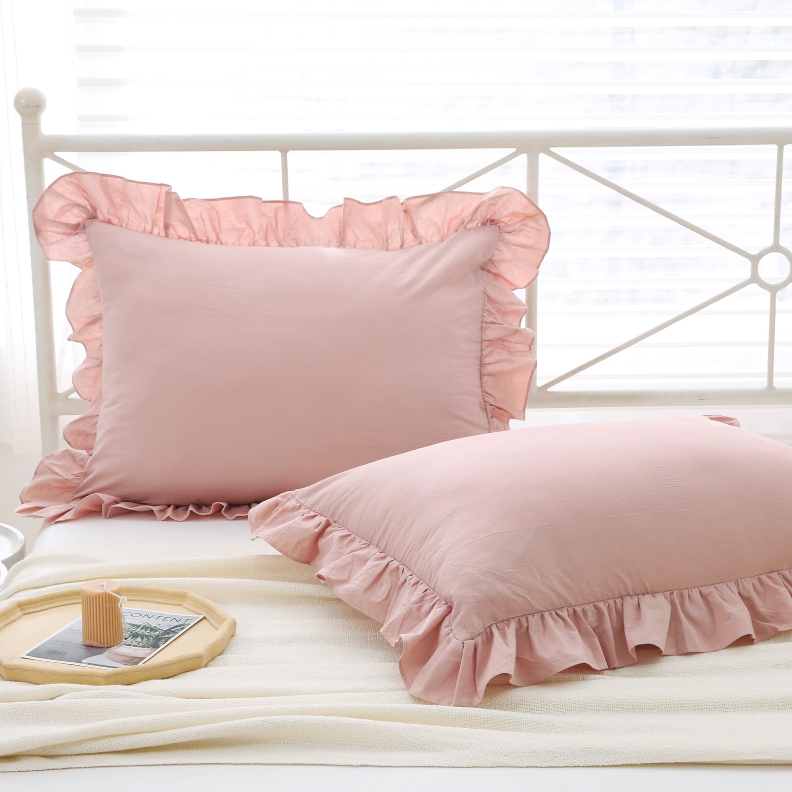 Mywinlle Ruffle Pillowcases Farmhouse Pillow Shams Standard Set Of 2,Shabby Dusty Pink Ruffled Pillow Caseswashed Cotton Pillow