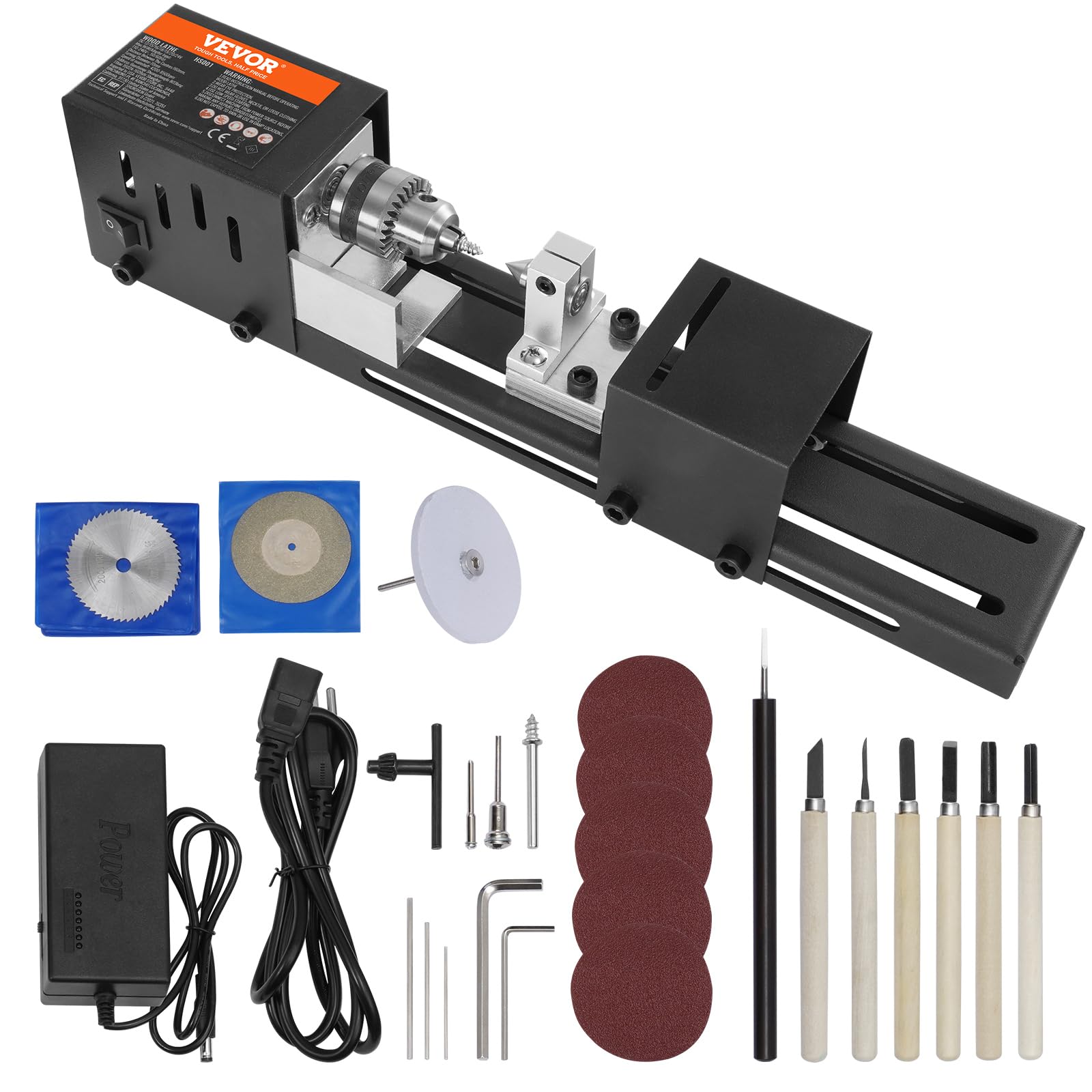 VEVOR Mini Lathe Machine, 2.76 in x 6.3 in, 24VDC 96W Mini Wood Lathe Tools Milling Machine Accessories, 7 Speeds 4220/5300/5650