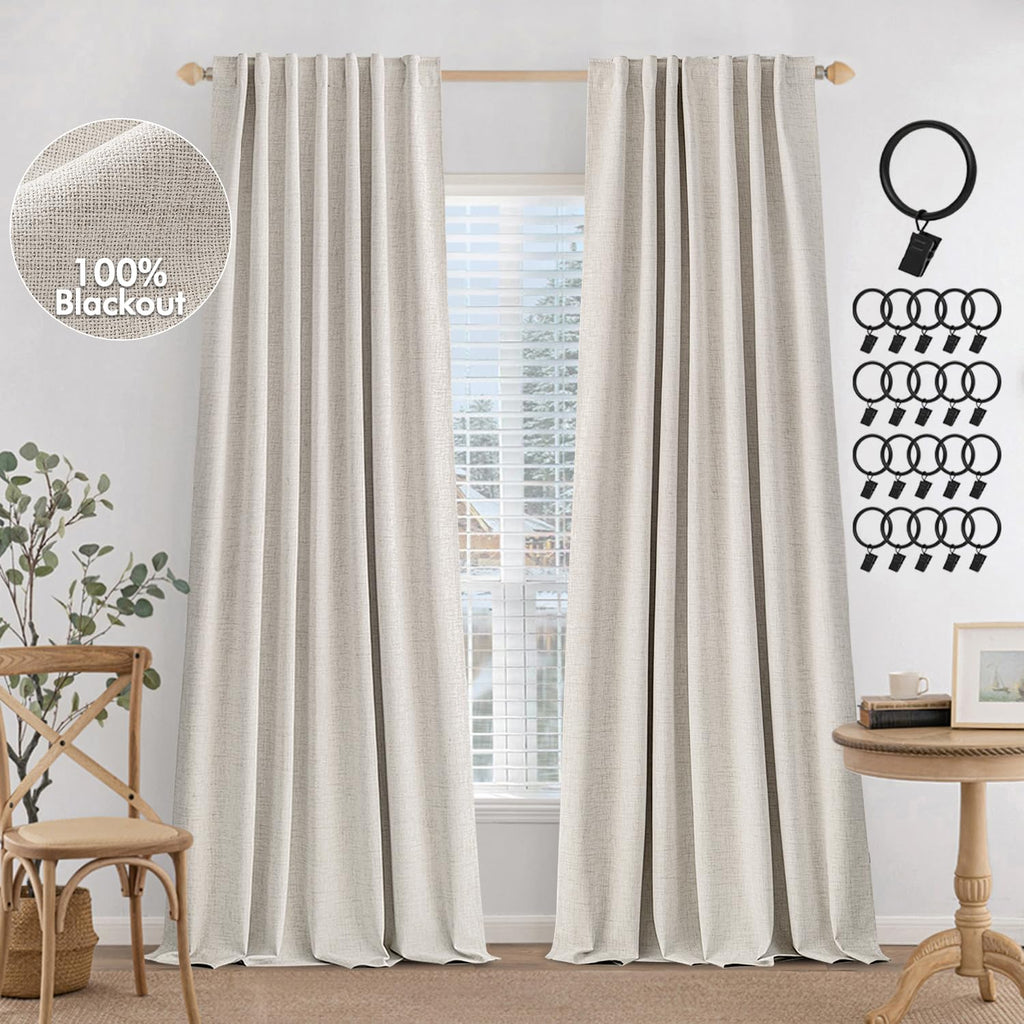 Miulee 100% Blackout Curtains 108 Inches Long, Linen Curtains For Bedroom Living Black Out Window Treatments Thermal Insulated Room Darkening Drapes Back Tab & Rod Pocket, Cream, 2 Panels