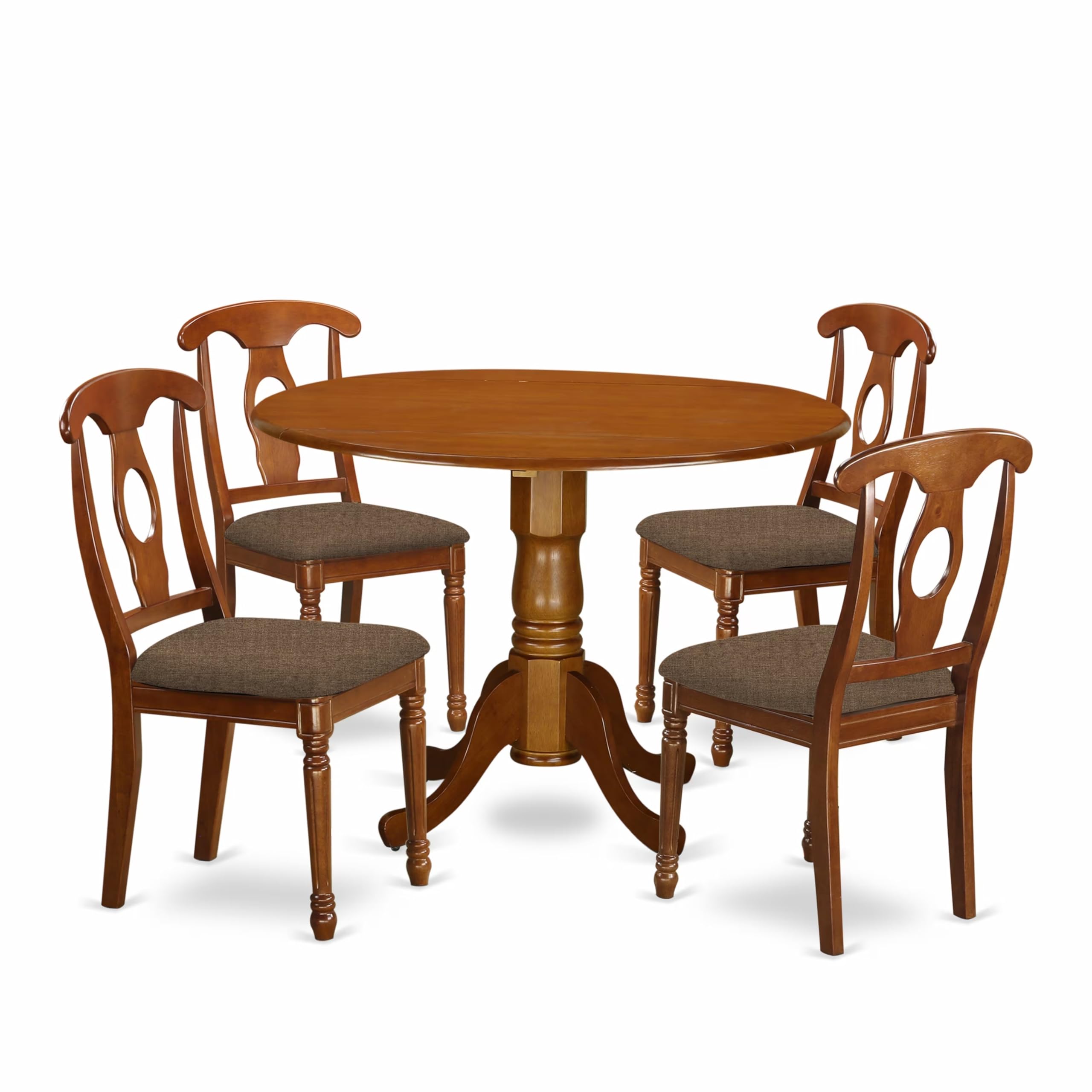 East West Furniture DLNA5-SBR-C 5 Piece Kitchen Table & Chairs Set Includes a Round Dining Room Table with Dropleaf and 4 Linen Fabric Upholstered Chairs, 42x42 Inch, Saddle Brown