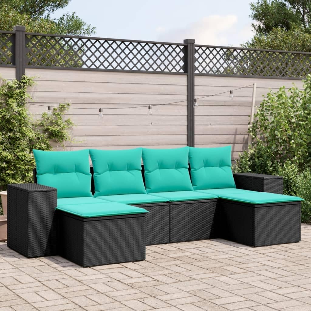 vidaXL Patio Sofa Set with Cushions 6 Piece - Black Poly Rattan Outdoor Furniture, Storage Function, Modular Design OuliveLoungeGardenPatioDeck TER