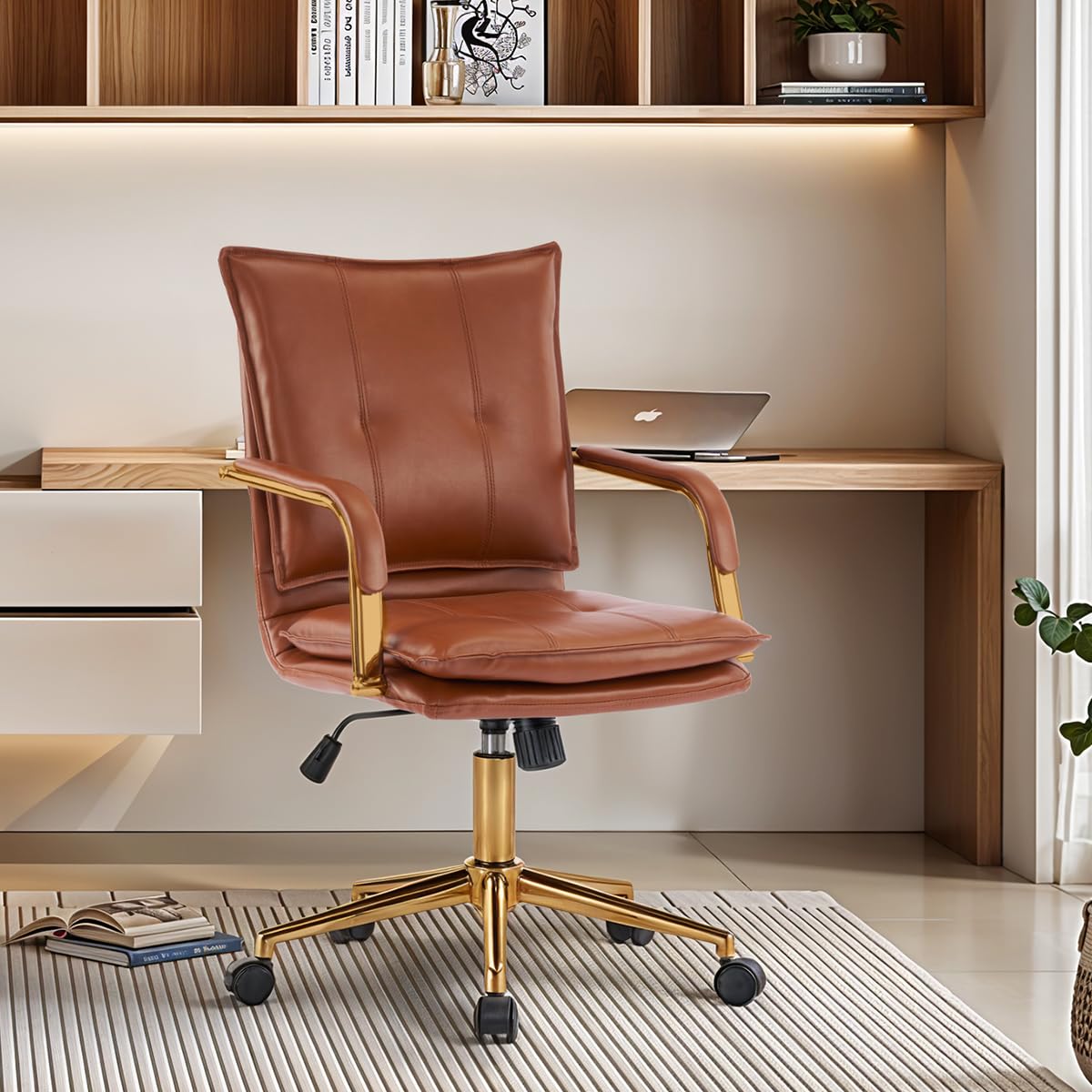 Mojay Mid-Back Ergonomic Leather Office Chair, Modern Upholstered Executive Desk Chair With Gold Frame Armrest Computer Task Cha