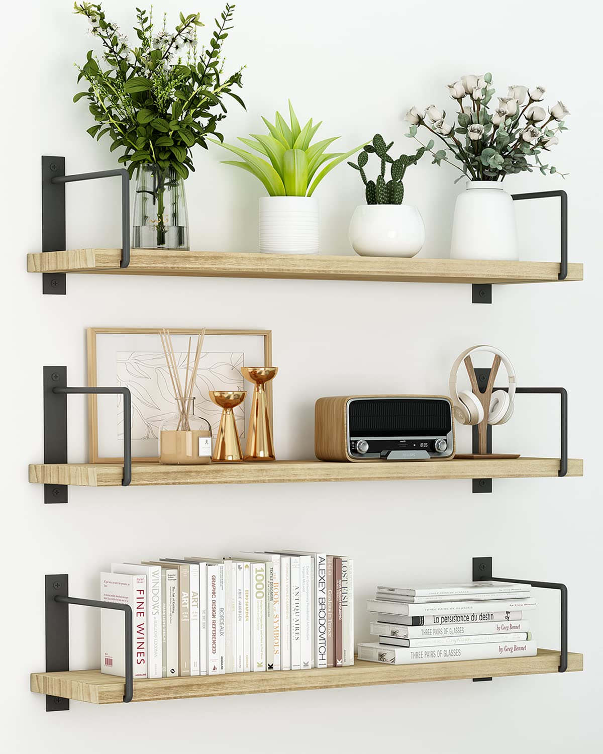 EALLRINEC Floating Shelves, 24 Inches Easy to Install Wall Mounted Shelves, Wall Shelves Set of 3, Rustic Wood Shelves for Wall 