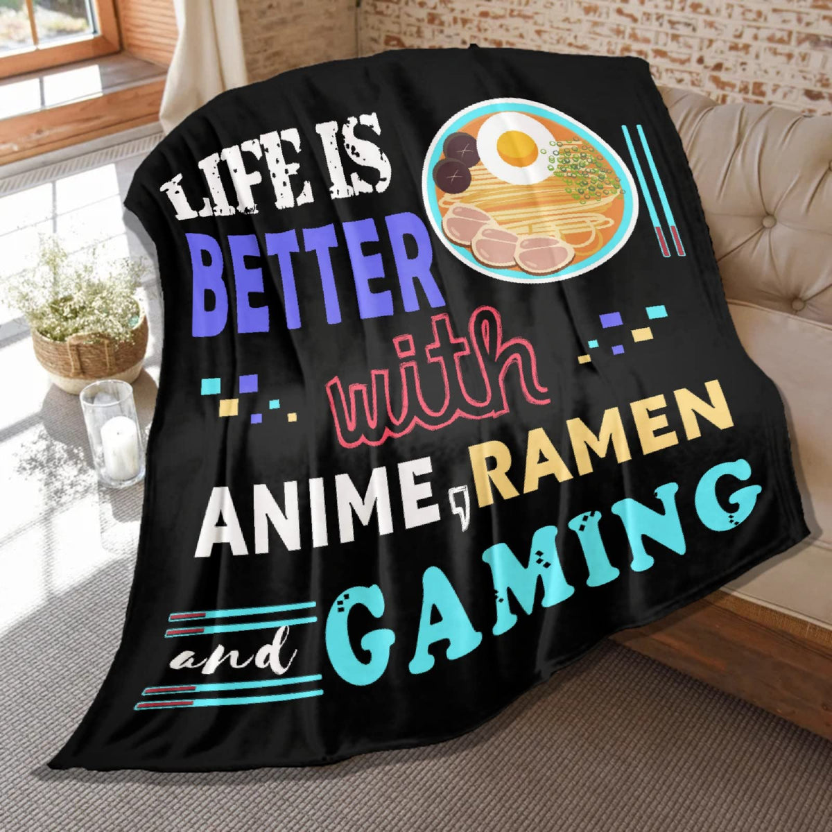 Ramen Noodle Blanket Throw,Life Is Better With Gaming Ramen Anime Gifts For Kids Boys Men Soft Lightweight Plush Fleece Quilt 60