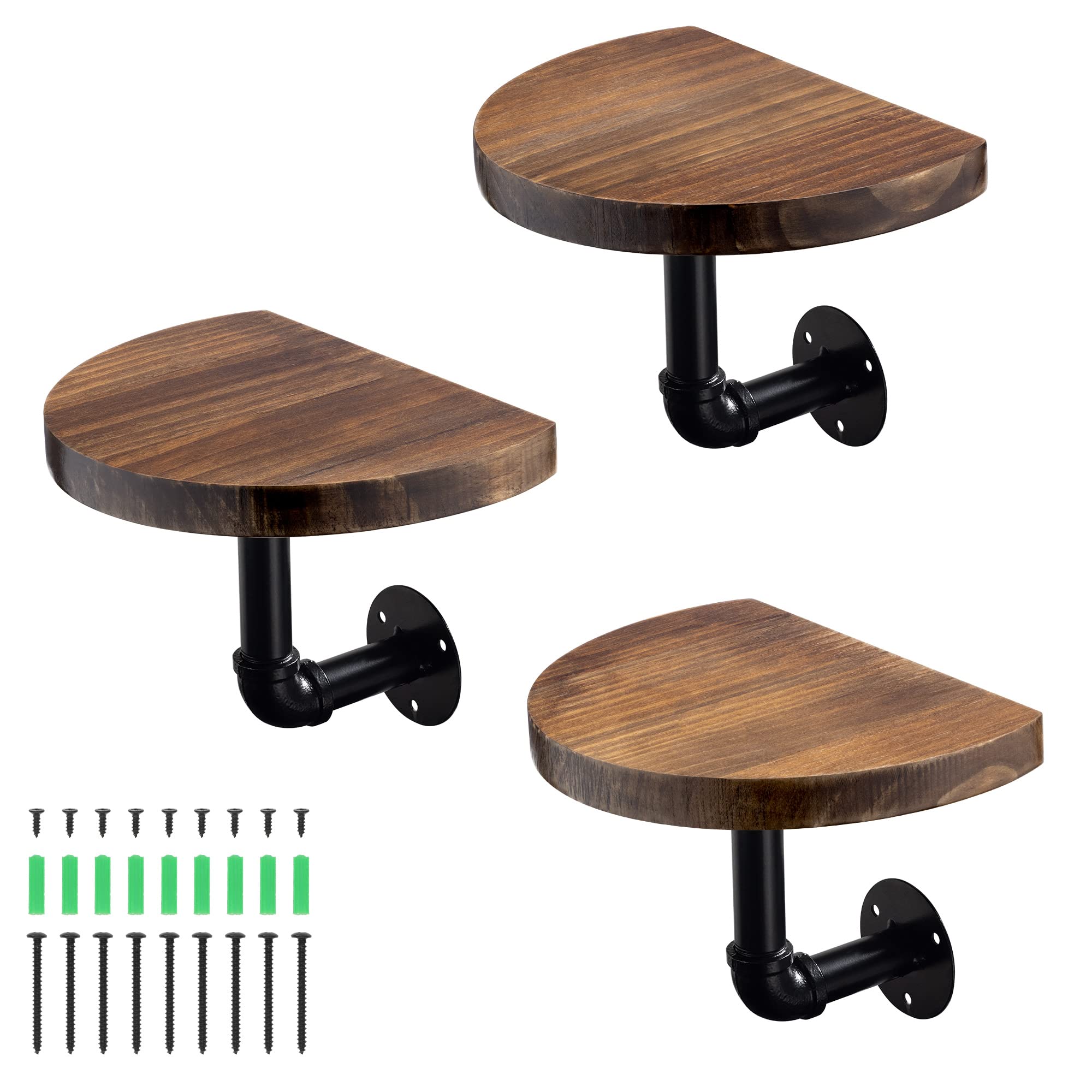 Navaris Industrial Pipe Shelf Set - 3 Small Rounded Wood Shelves with Shelf Brackets - 7.9 x 5.9 Wall-Mounted Wooden Shelving - 