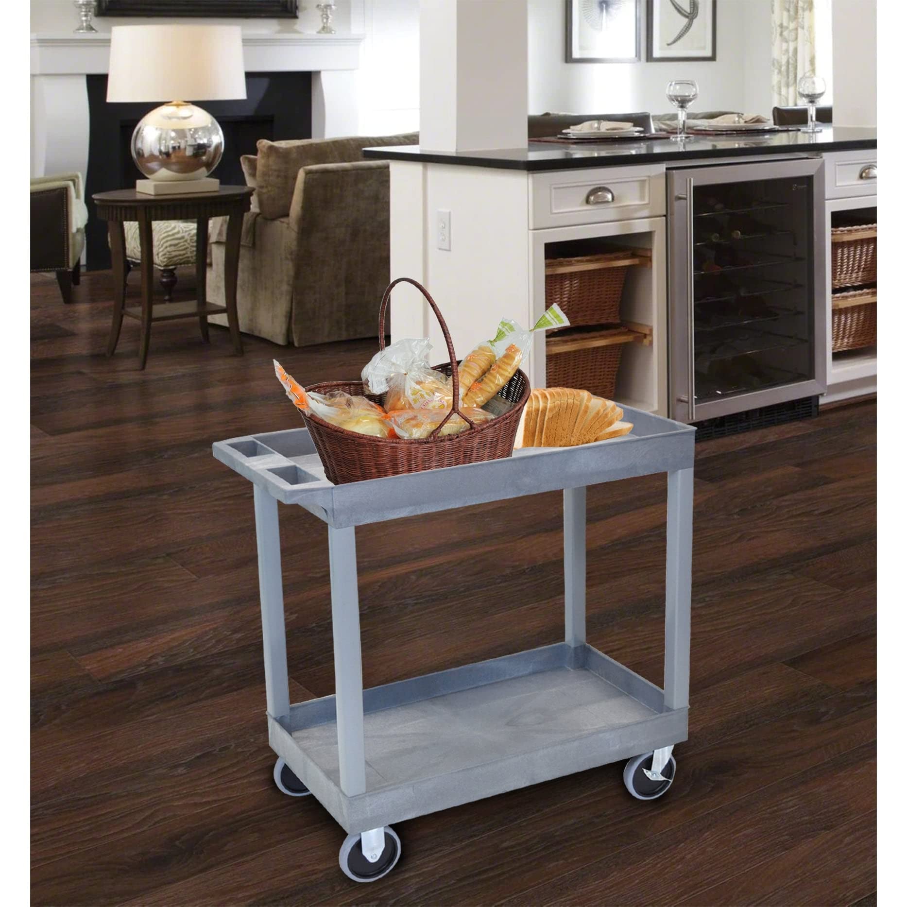 LUXOR EC11HD-G 32&quot; x 18&quot; Tub Cart - Two Shelves, Four 5&quot; Heavy-Duty Casters, Two Stationary and Two Full-Swivel with Locking Brake, 125 lbs. Per Shelf, Ergonomic Push Handle