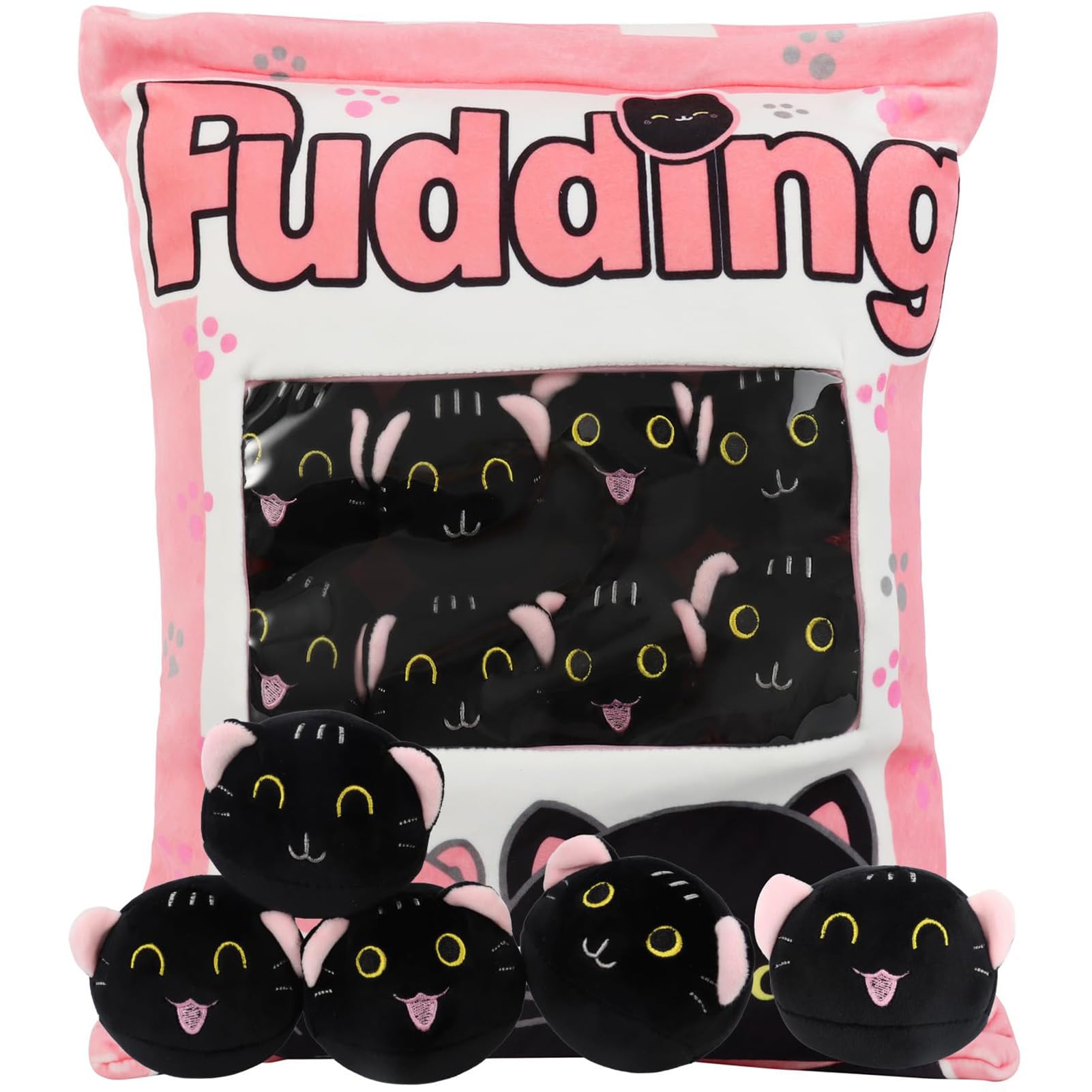 Jilpak Plush Black Cat Pillow, 8 Cute Removable Stuffed Animals, Kids Sofa Chair Decorative Gift (Pink)