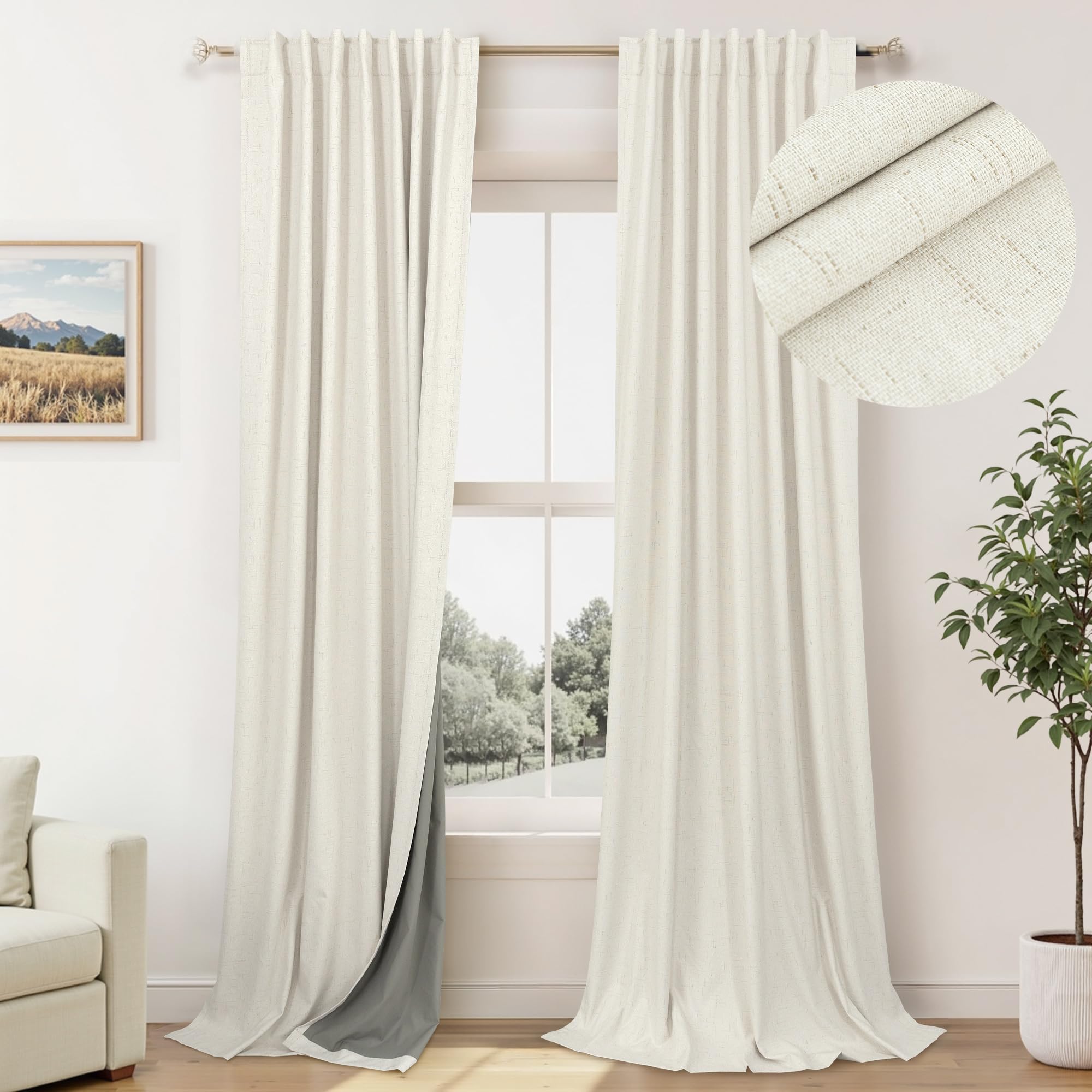 100% Blackout Curtains 84 Inch Length 2 Panels Set Neutral Boho Linen Farmhouse for Bedroom Windows Living Room Darkening Therma