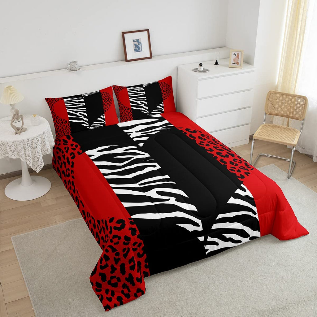 Leopard Zebra Comforter Set King Size,Wild Animals Skin Bedding Set 3Pcs For Teens Adults Room Decor,Red Black Geometric Striped Heart Quilt Set Romantic Microfiber Duvet Insert With 2 Pillowcases