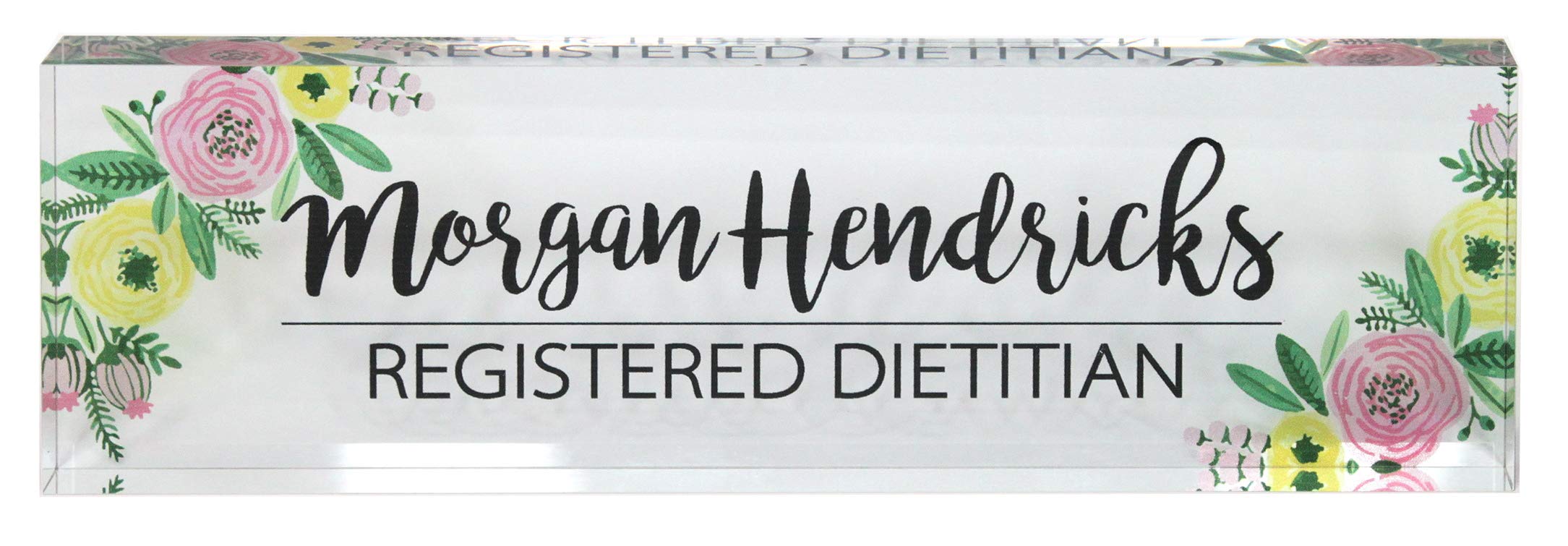 Infusion Personalized Office Desk Name Plate Acrylic Glass Block (10 X 3 X 1.25', Peonies Pink And Yellow)