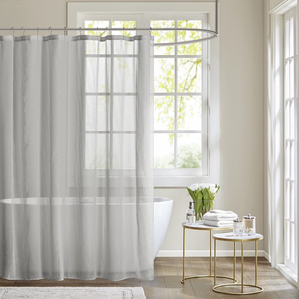 Madison Park Anna Sheers Shower Curtain, Textured Striped Accent Design, Modern Mid-Century Bathroom Decor, Machine Washable, Fabric Privacy Screen 72X72, Grey